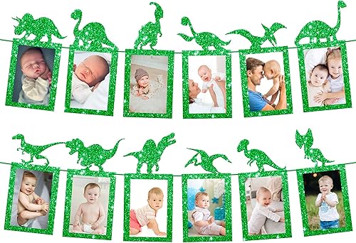 KatchOn, Cartel de fotos de cumpleaños de dinosaurio verde con purpurina, grande, 10 pies, preencordado, sin bricolaje, pancarta de dinosaurio