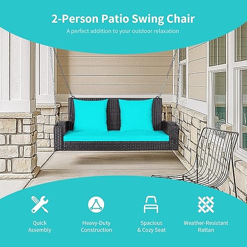 Miniatura 5 de RELAX4LIFE - Columpio de mimbre de 2 asientos, con dos cadenas de acero sólido de 7.9 pies, cómodos cojines de respaldo y asiento, para pórtico