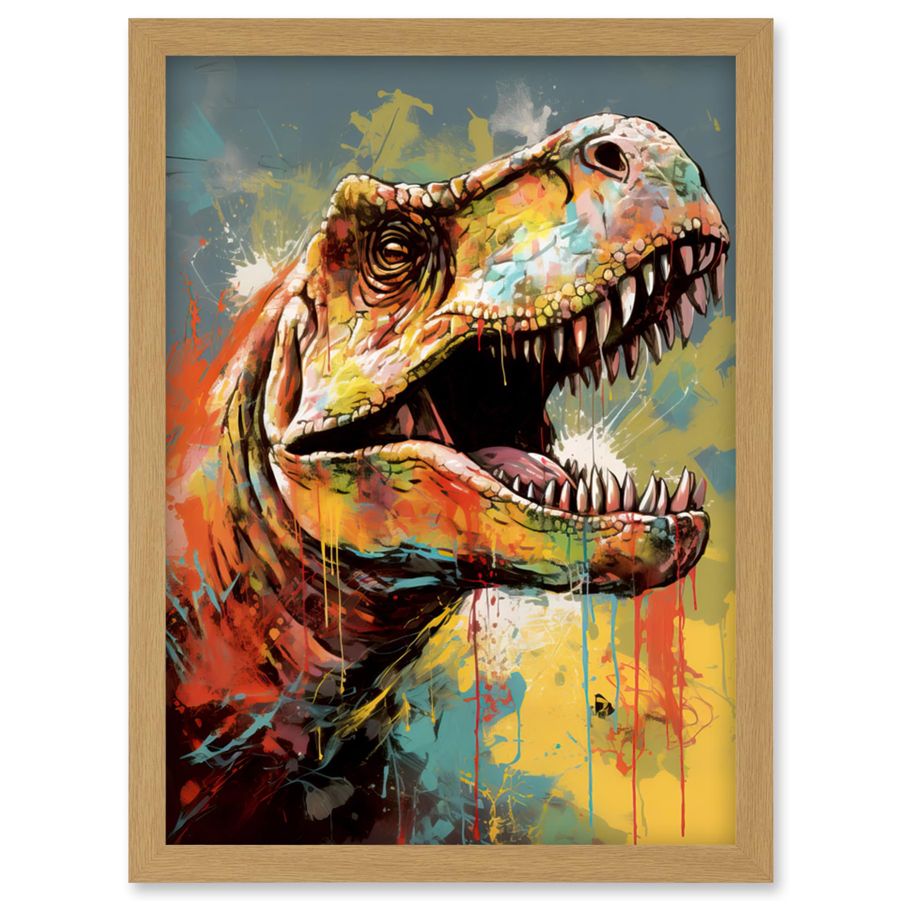 Artery8 T-Rex Roaring Dinosaur Multicoloured Portrait Artwork Framed Wall Art Print A4