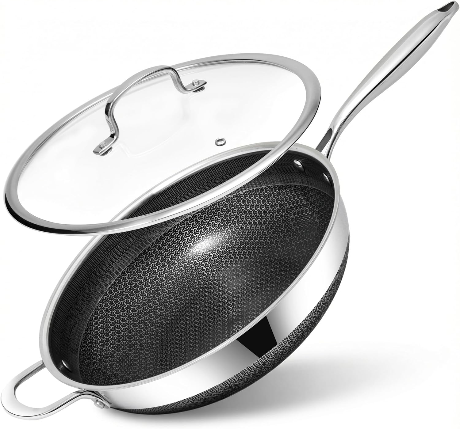 Wok Pan 12 Inch Non Stick Stainless Steel Woks & Stir-Fry Pans with Tempered Glass Lid, Stay-cooling Handle Non Toxic PFOA Free Chef's Pan, Dishwasher and Oven Safe All Cooktops Compatible