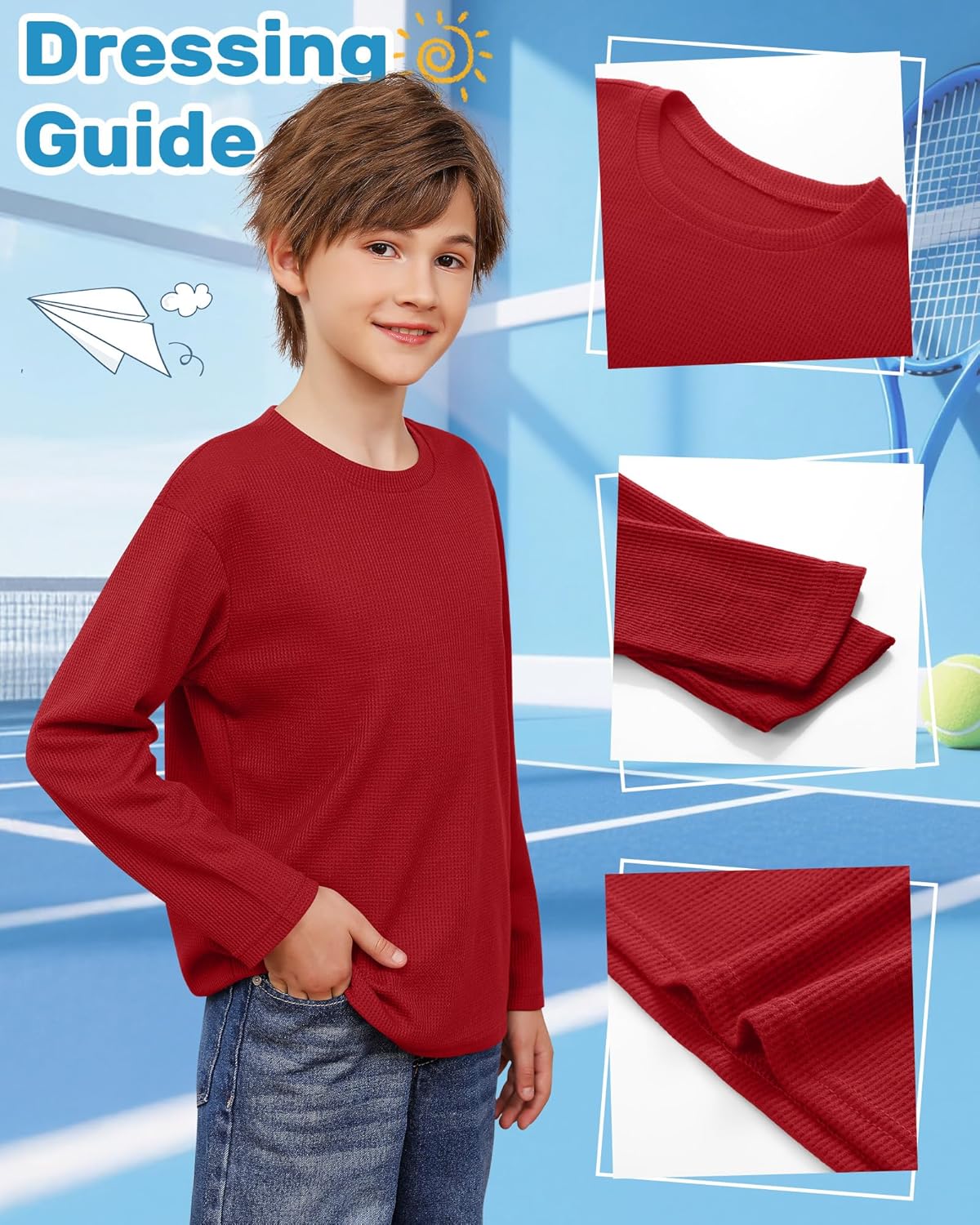 5 Pack Boy's Long Sleeve Shirts, Waffle Knit Crew Neck Tops T-Shirts Basic Layer Undershirts 5-14 Years Kids - Image 6