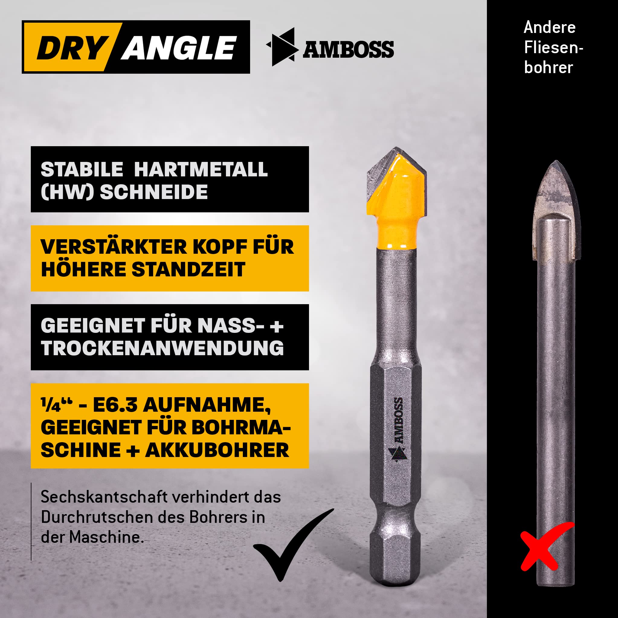 Amboss DryAngle Ø 12mm Punta per piastrelle vetro ceramica - Codolo esagonale