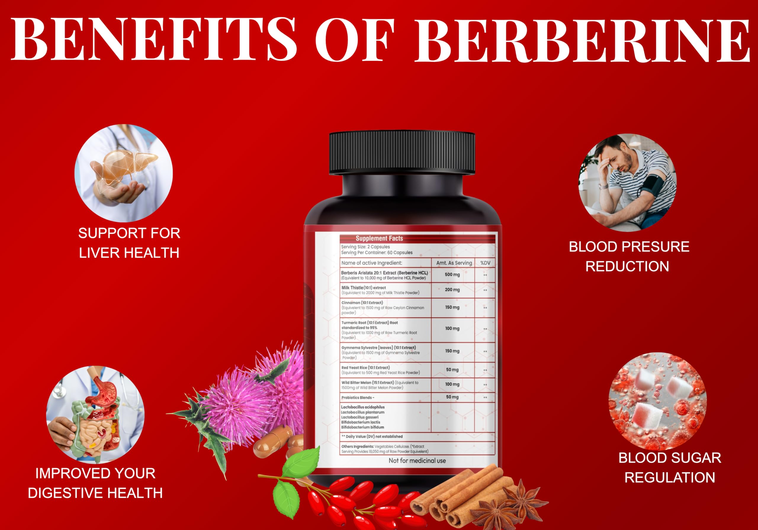 Comfort ADVANCED Berberine Supplement with Berberis 98% with Milk Thistle Aristata, 8-in-1 Formula, HCL 98% Herbal Formula for Imunity, Blood Sugar Control, Weight Management and PCOS suppor 60 Veg Capsules,1300mg Per Serving Non-GMO & Gluten Free (60) - Image 4 thumbnail