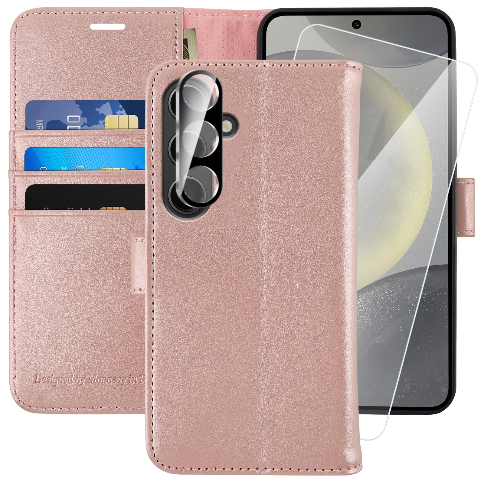 MONASAY Wallet Case Fit for Samsung Galaxy S24 5G, [Lens & Glass Screen Protector Included] [RFID Blocking] Flip Folio Leather Cell Phone Cover with
