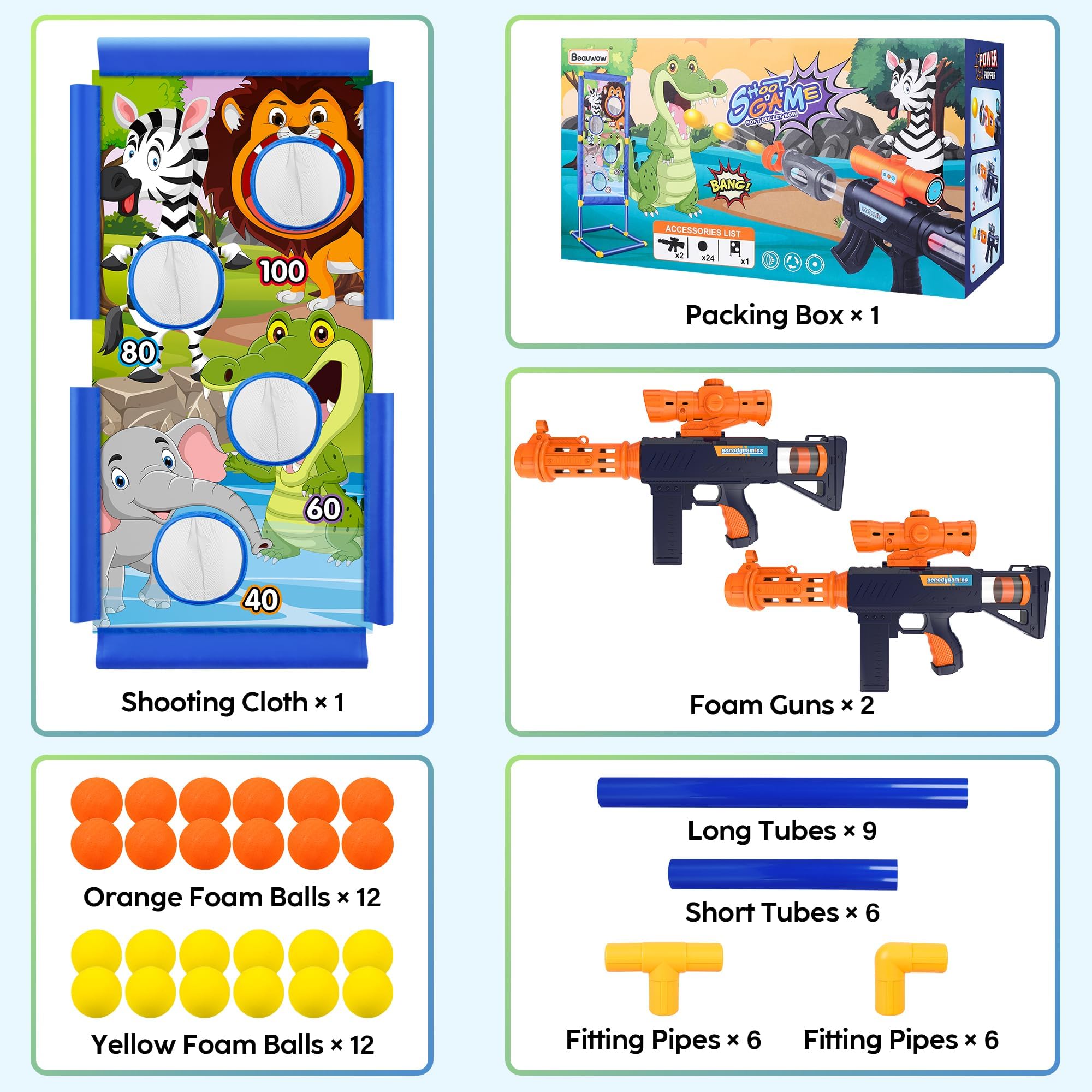 Shooting Game Toy for 5 6 7 8 9 10+ Years Old Boys Girls, 2pk Foam Popper Air Guns with Animal Shooting Target and 24 Foam Balls Bullet,Indoor Outdoor Activity Games, Birthday Easter Gifts for Kids