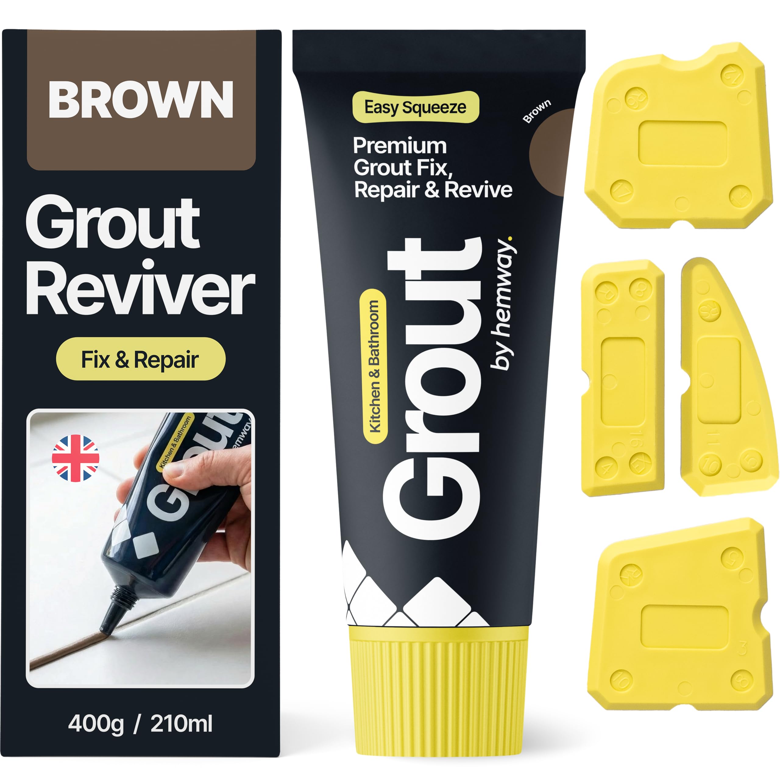 Hemway Brown Grout Reviver Kit | Ready Mixed Grout Repair 400g / 210ml with 4 Piece Profiling Tool Kit | Wall & Floor Tile Adhesive, Kitchen Bathroom Shower, Anti-Mould, Fast Drying