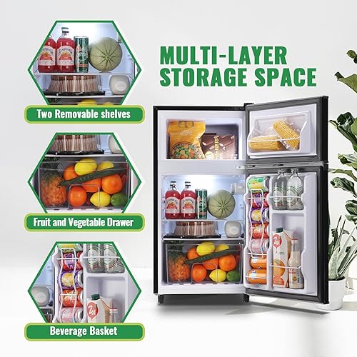 Miniatura 6 de WANAI Mini refrigerador con congelador de dos puertas, refrigerador pequeño con termostato ajustable de 7 ajustes, cajón para verduras y estantes
