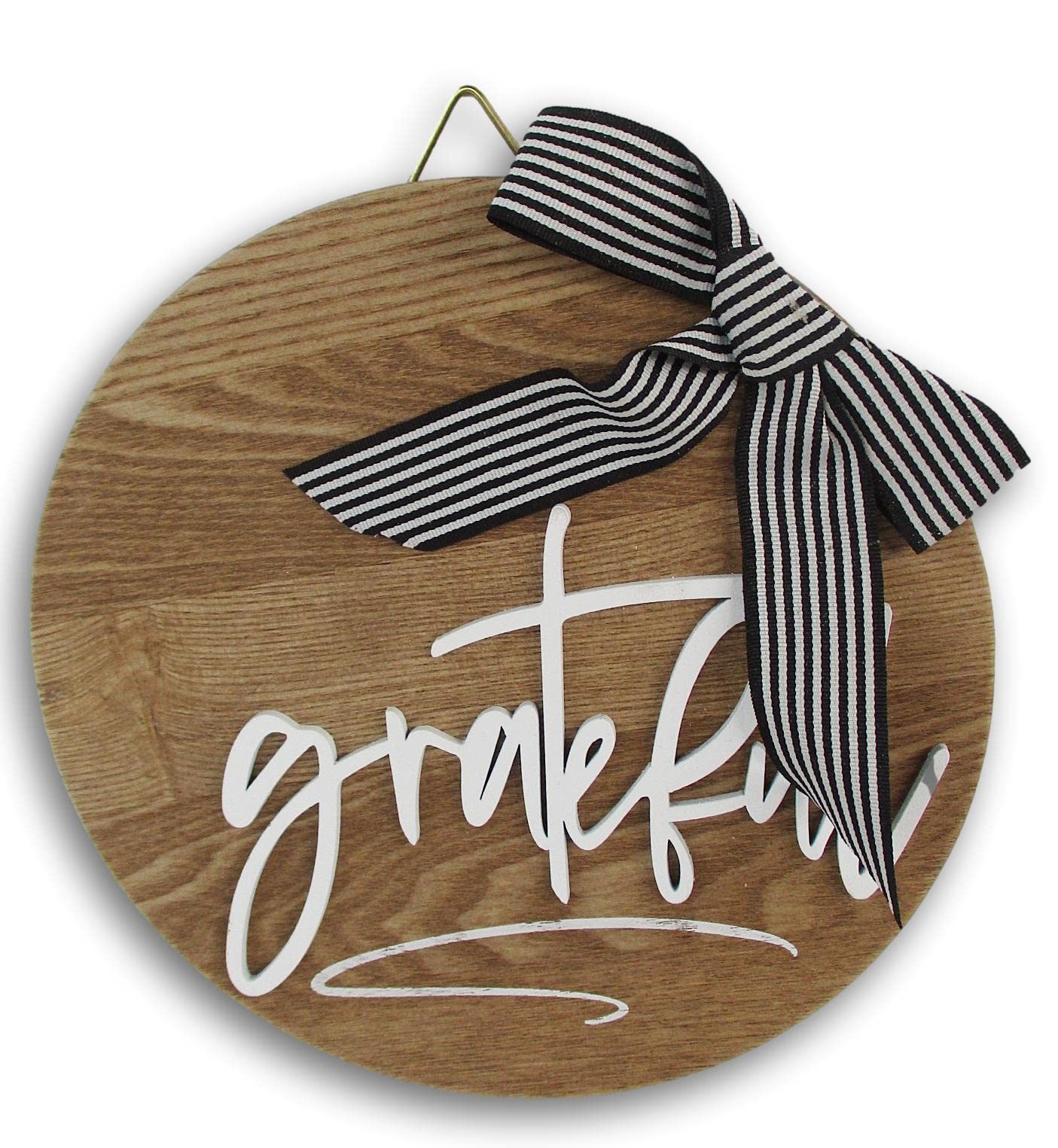 Autumn Thanksgiving Round Hanging Sign with Bow - ''Grateful'' - 7.75 x 7.75 Inches