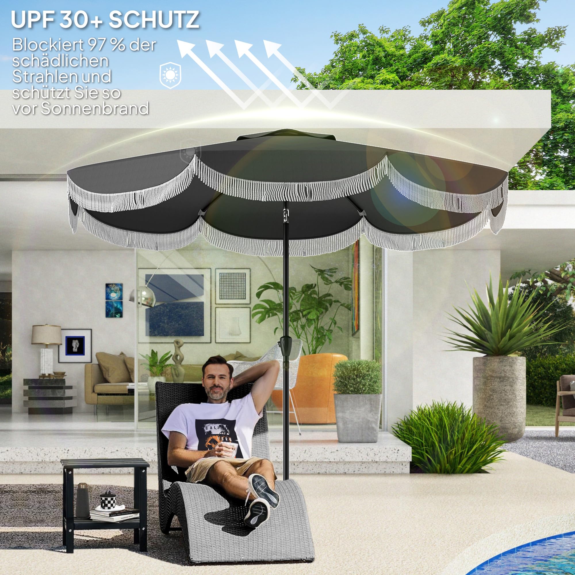Outsunny Parasol przeciwsłoneczny, Ø 269 cm, UV 30+, ośmiokątny, na plażę, balkon, do ogrodu, kolor ciemnoszary, ciemnoszary