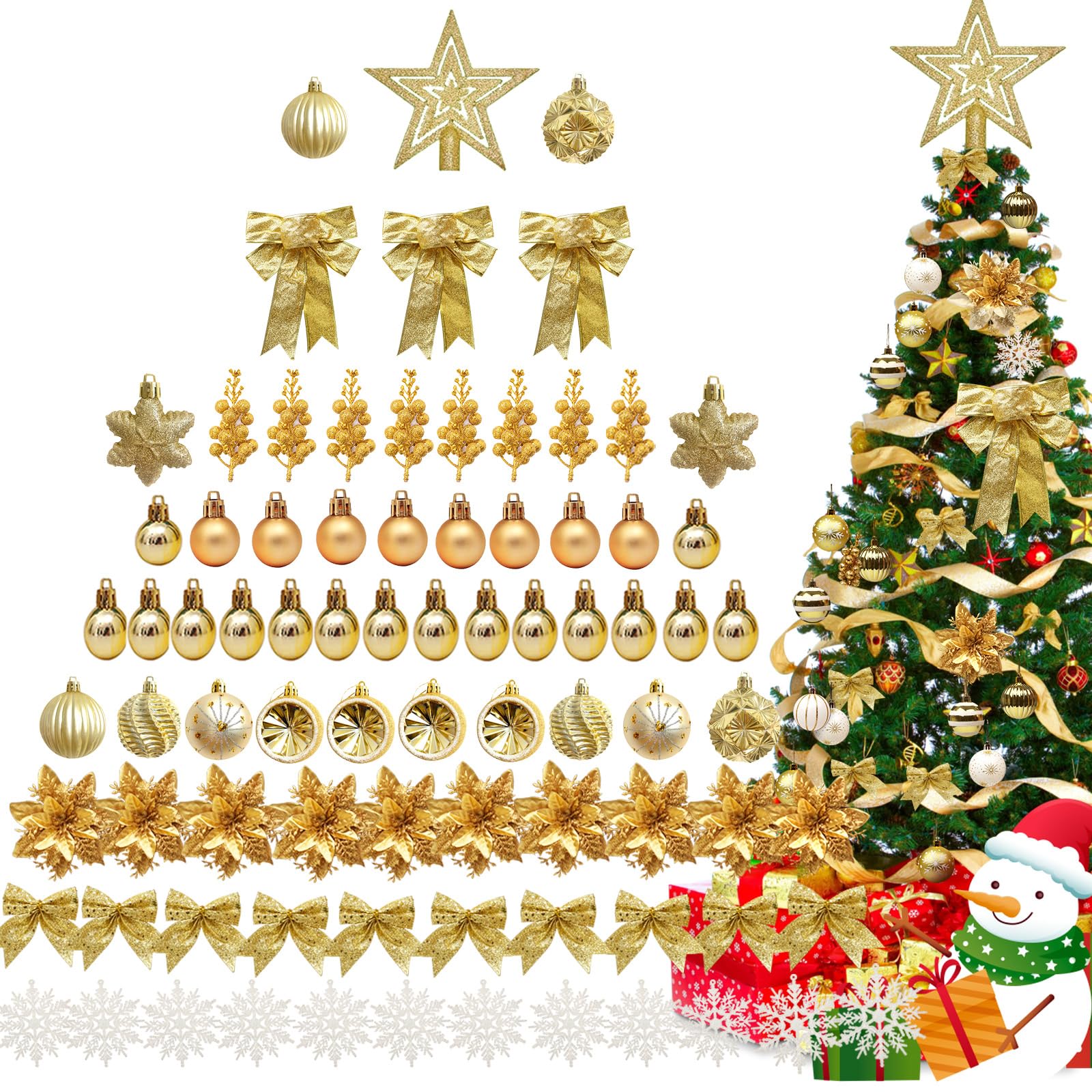 Lot de 88 boules de Noël dorées avec fleurs de Noël, flocons de neige, nœud, étoile pour couronne de Noël, guirlande de Noël