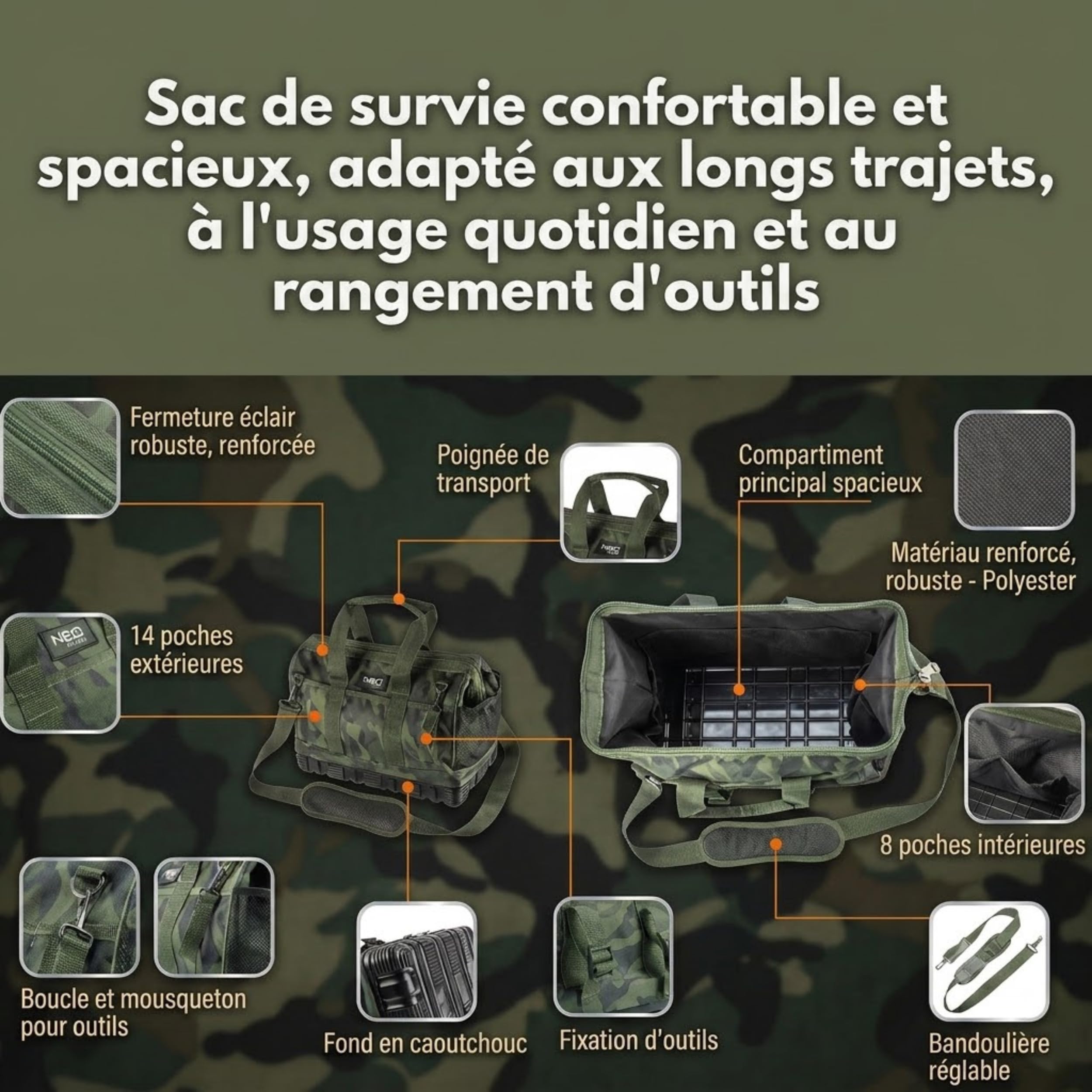 Neo Tools Mallette à outils CAMO (vide) pour artisans professionnels, camouflage, 40 x 22 x 33 cm, 100% nylon 600D, fond étanche, bandoulière réglable