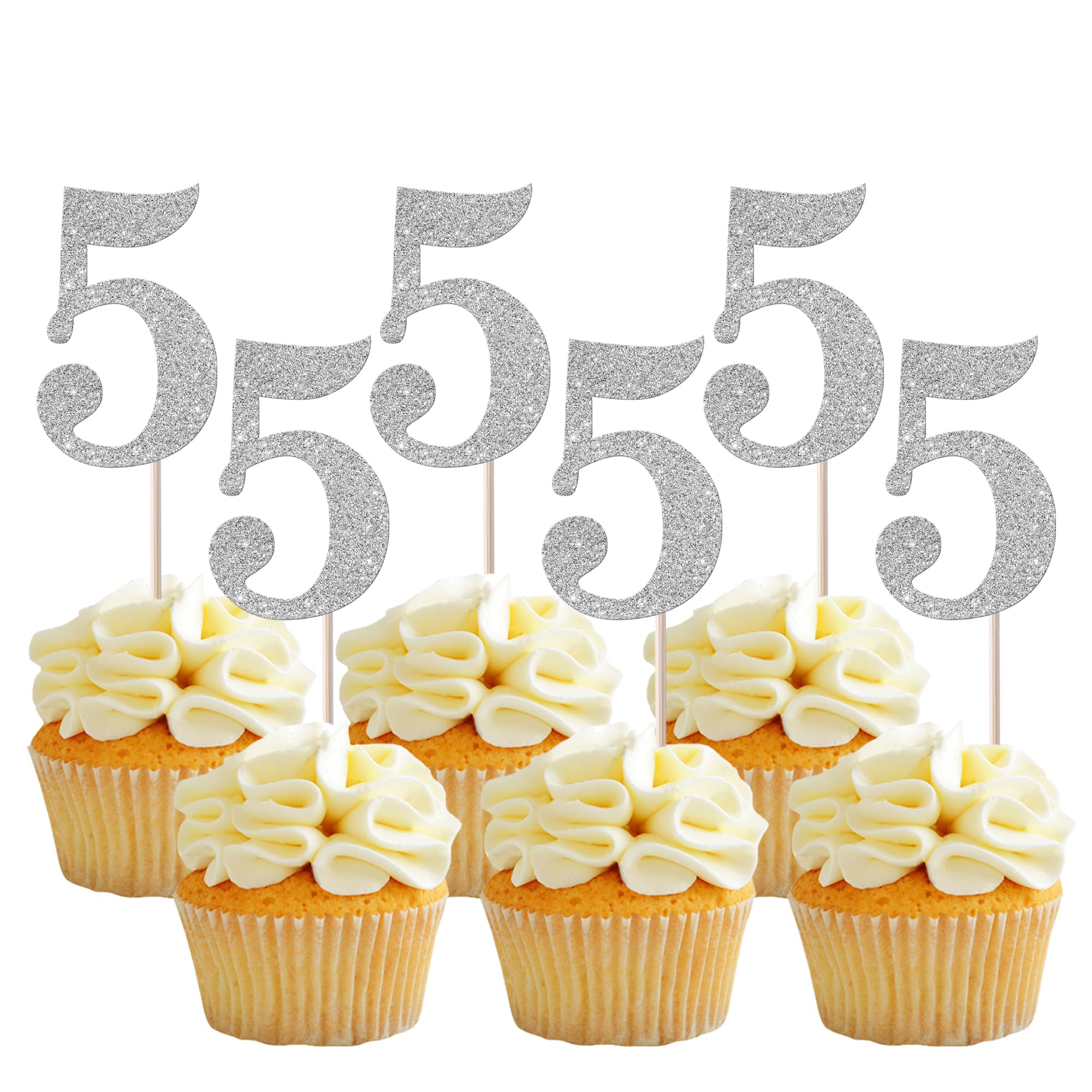 Rsstarxi 36 Pack Number 5 Cupcake Toppers for 5th Birthday, Anniversary, Baby Shower in Silver Metallic