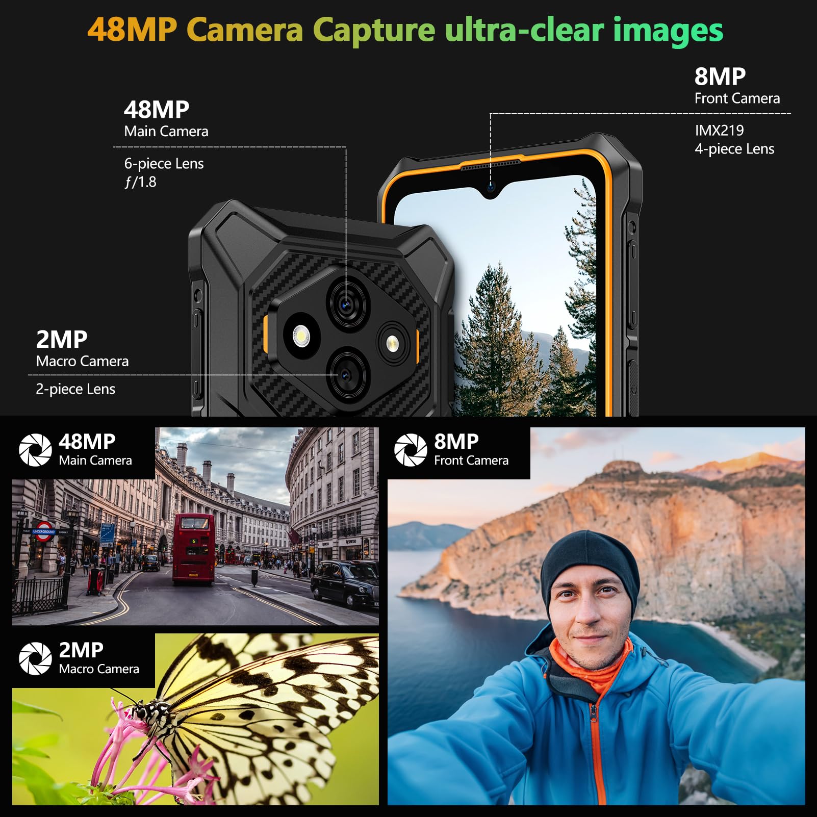 Ulefone RugKing 3 Pro Cellulare Android 15, 5700mAh AI Rugged Smartphone 16GB+128GB/SD-2TB, Octa-Core 48MP+8MP Telefono Impermeabile 6.56" 120Hz, 120LM Super Torcia/3-Slots/OTG/NFC/GPS Orange