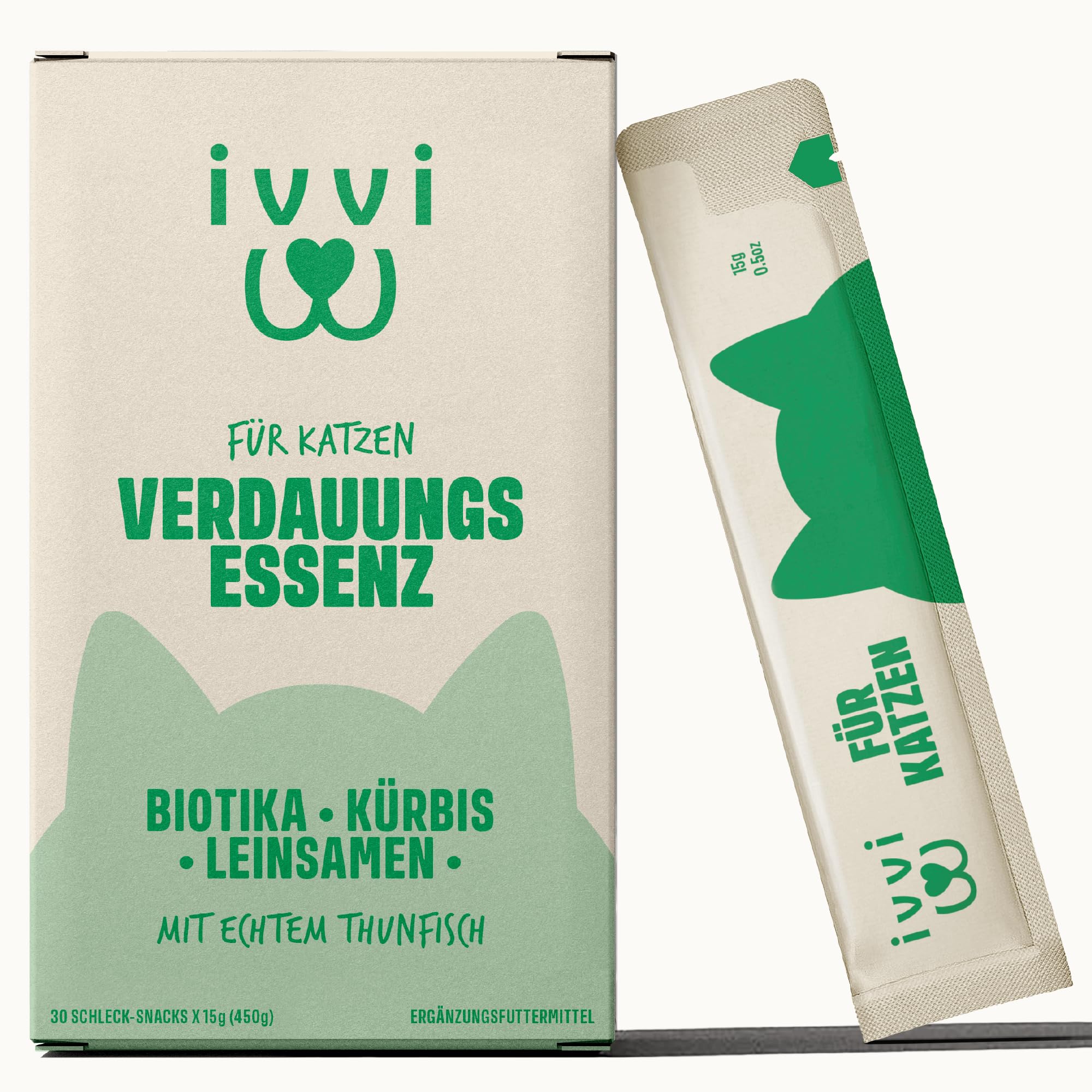 ivvi Verdauungs Essenz für Katzen – 30 cremige Schleck-Snacks mit Thunfisch, Kürbis, Leinsamen & Postbiotikum (aus Probiotika) – Verdauung, Darmflora & Wohlbefinden – ohne künstliche Zusätze – 450 g