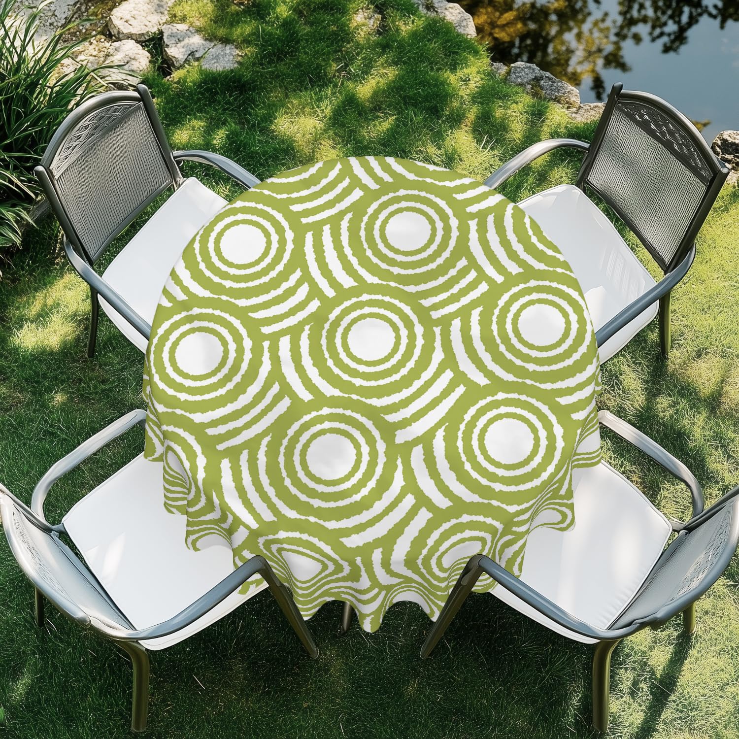 ARTSGOO Grass green circles Round Tablecloth 60 Inch Durable Wipe-Clean Waterproof Table Cloth for Dining Table, Kitchen, Party, Wedding & Outdoor Use - Grass green circles