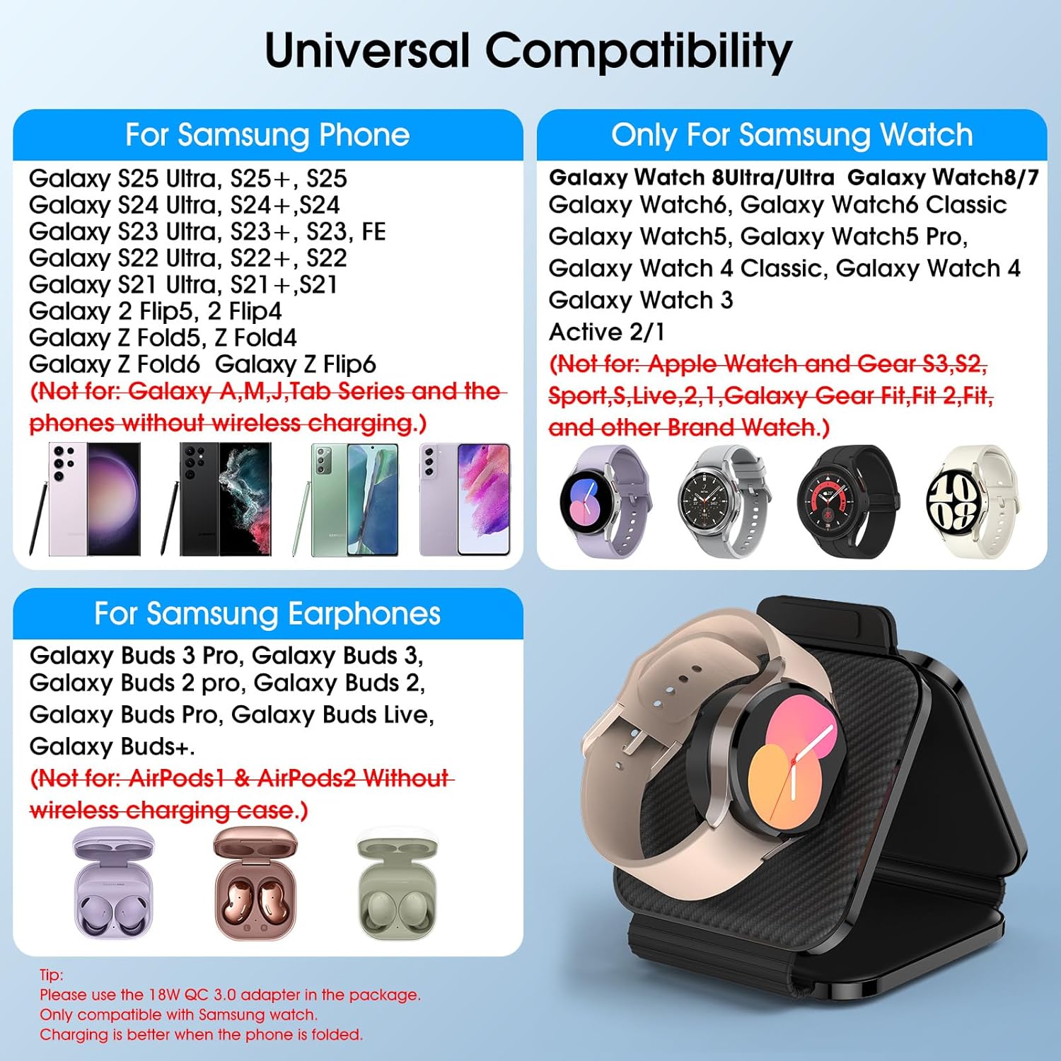 Pocket Wireless Charger for Samsung Android Phone, Foldable Travel Wireless Charging Station/Stand Compatible for Samsung S25 Ultra/S24/Z Flip 6/5,Watch Charger for Watch 8/7/Buds Pro3/2(Balck - Image 3