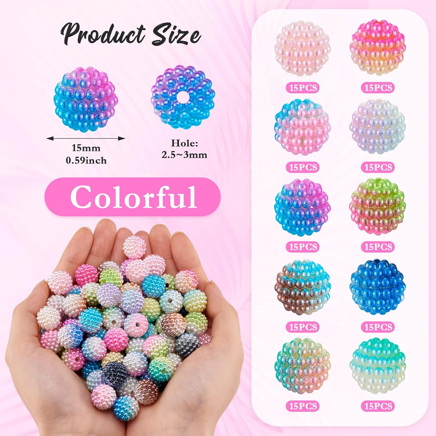 150Pcs Resin Berry Beads 15mm Chunky Bubblegum Beads Round Gumball Spacer Bead 10 Colors for DIY Crafts Bracelet Necklace Earring Jewelry Making - Image 2