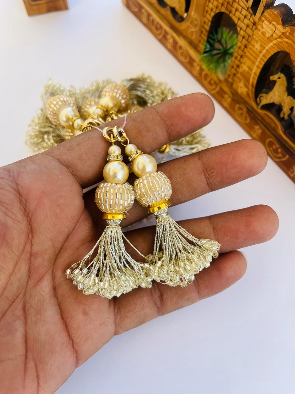 Champagne Gold Pearl Latkan Tassels, Beaded Crystal Fringe Charms, 2.5 Inch, Set of 2