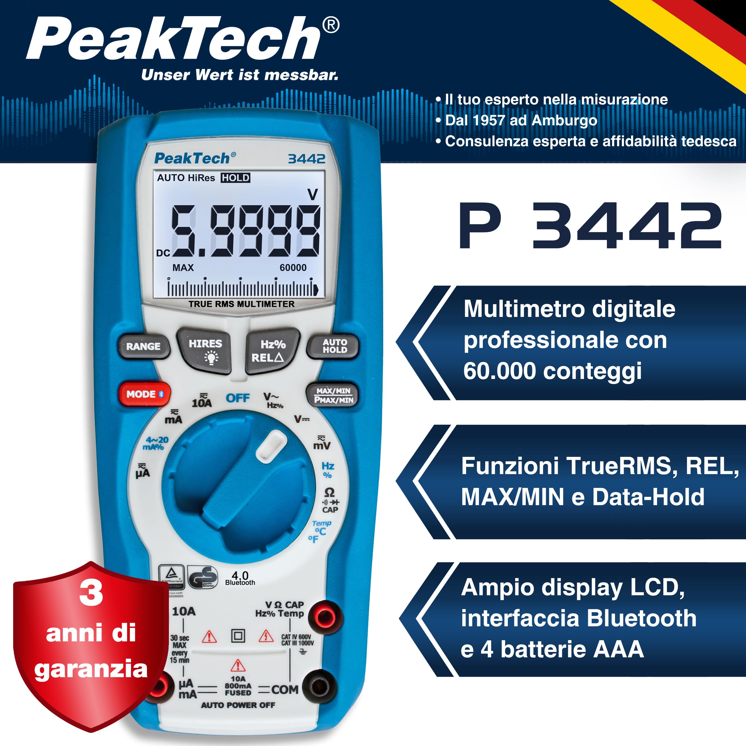 PeakTech 3442 – Multimetro digitale True RMS, con 60.000 conteggi e Bluetooth 4.0, Multimetro portatile professionale, Auto-Hold, TÜV/GS, Voltmetro, Tester di continuità - CAT III 1000V