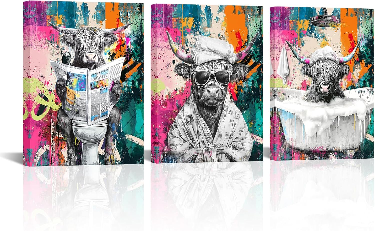 LoveHouse Funny Highland Cow Wall Art Black and White Animal Canvas Print Painting Graffiti Cow Bathroom Wall Decor