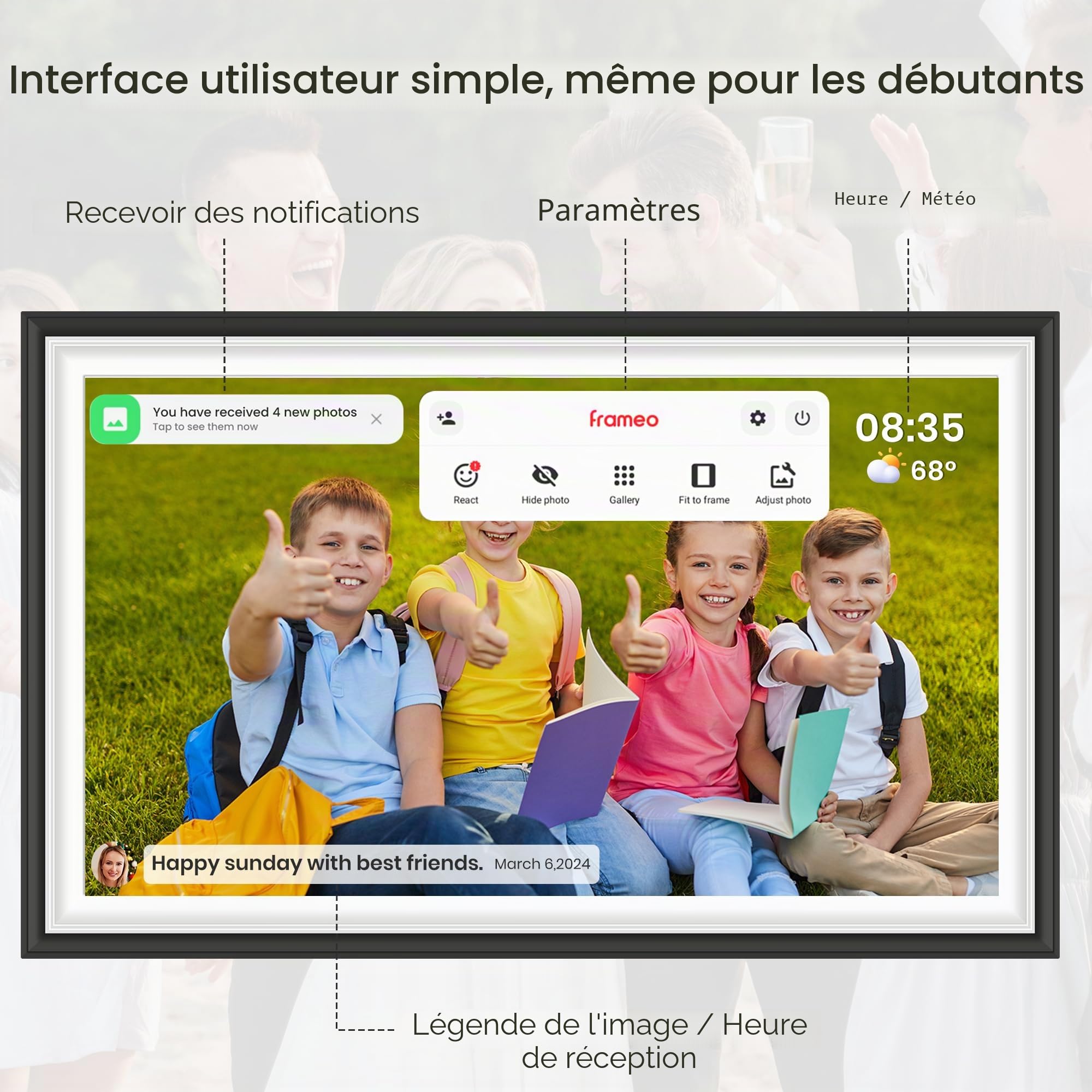 Frameo Cadre Photo Numérique 15.6 Pouces, Écran Tactile IPS 1920 x 1080, Mémoire 32 Go, Rotation Automatique, Cadre Photo Numérique Electronique, Partage Photo/Vidéo Instantané (Blanc et