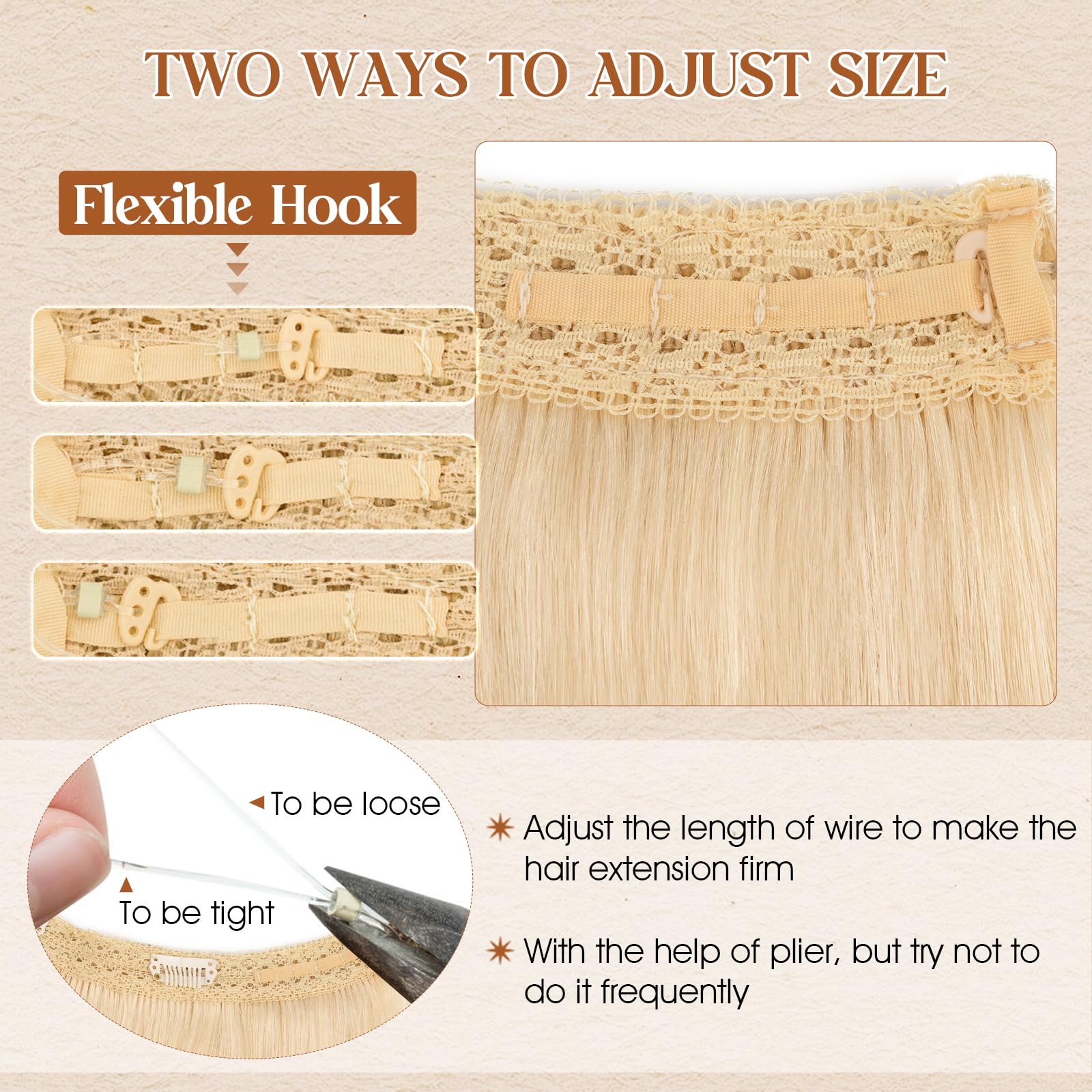 Benehair Real Human Hair Wire Extensions for Women One Piece Straight Adjustable #60 Platinum Blonde Invisible Wire Clip in Hair Extensions 18 Inches (65g) - Image 3