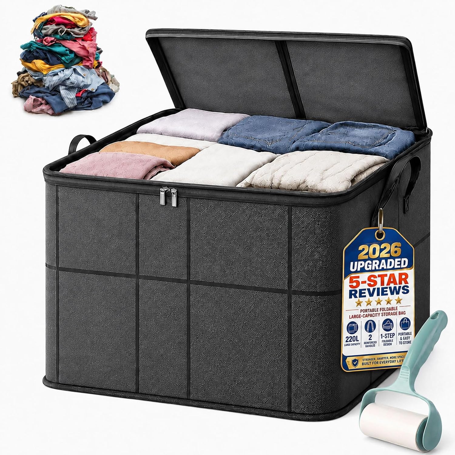 220L Spacious Moving Storage Bin - Large Zippered Fabric Organizer with Reinforced Handles, Foldable Blanket Storage Bag for Bedding, Clothes, Quilts, Comforters and Moving Day (220L-1PC)