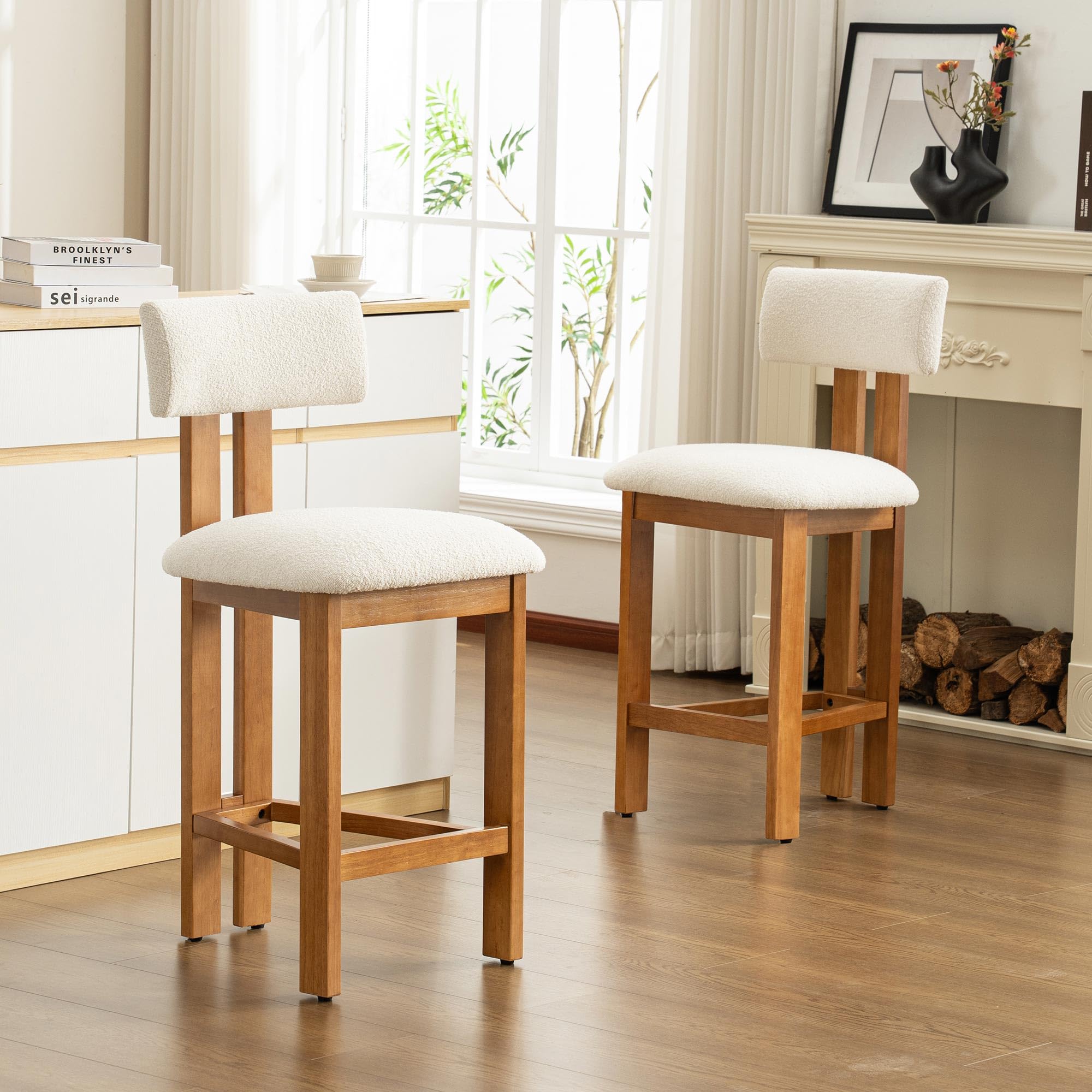 younturn Retro Mid Century Bar Stools Set of 2, Comfort Padded Boucle Upholstered Seats Breakfast Barstools with Backrest, Solid Wooden Legs and Footrest, Stools for Kitchen Island, Home Bar, Cream