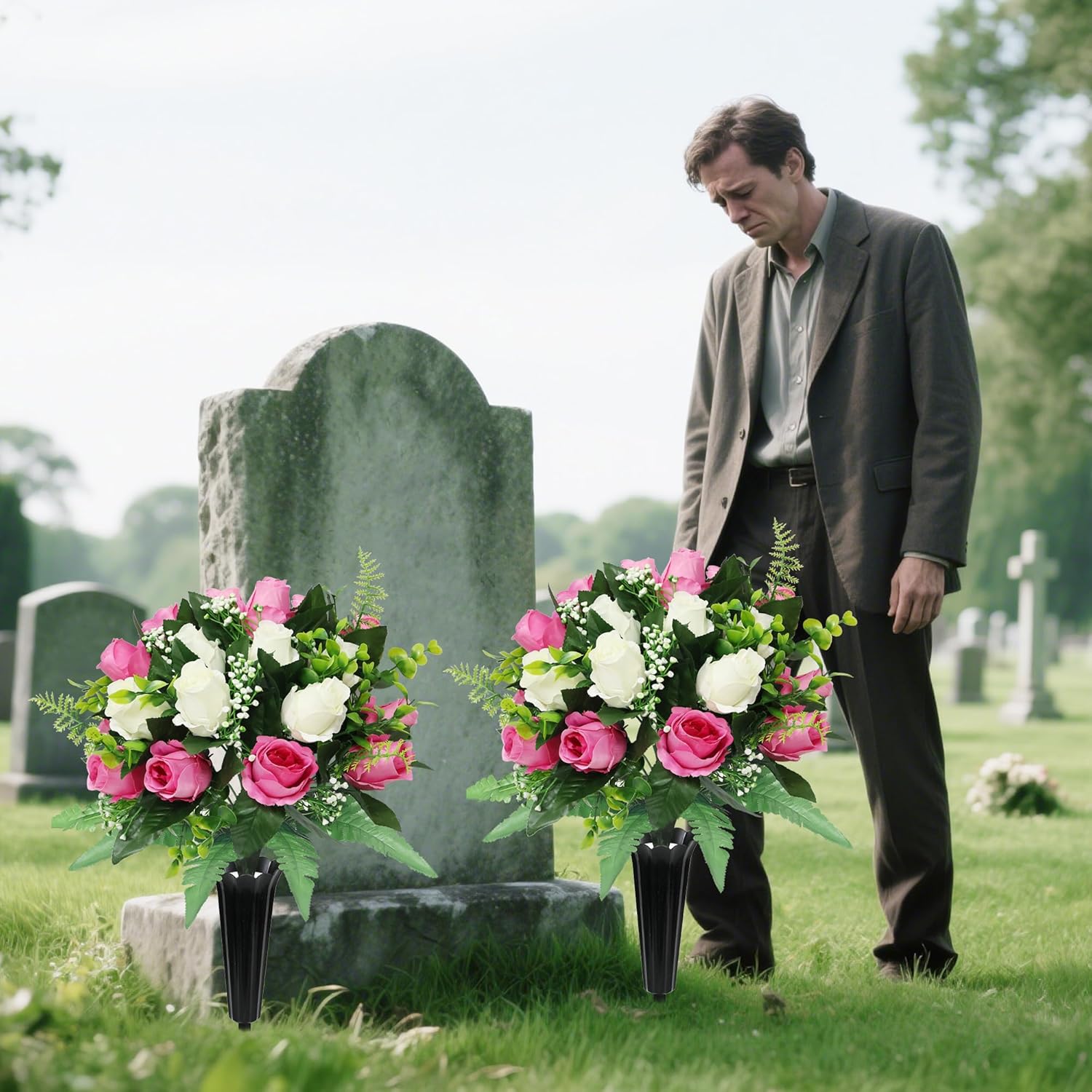 2 Sets Artificial Cemetery Flowers for Grave,Realistic Grave Flowers for Cemetery,Silk Rose with Vase for Headstone Tombstone Decoration Easy fit (Pink White) - Image 2