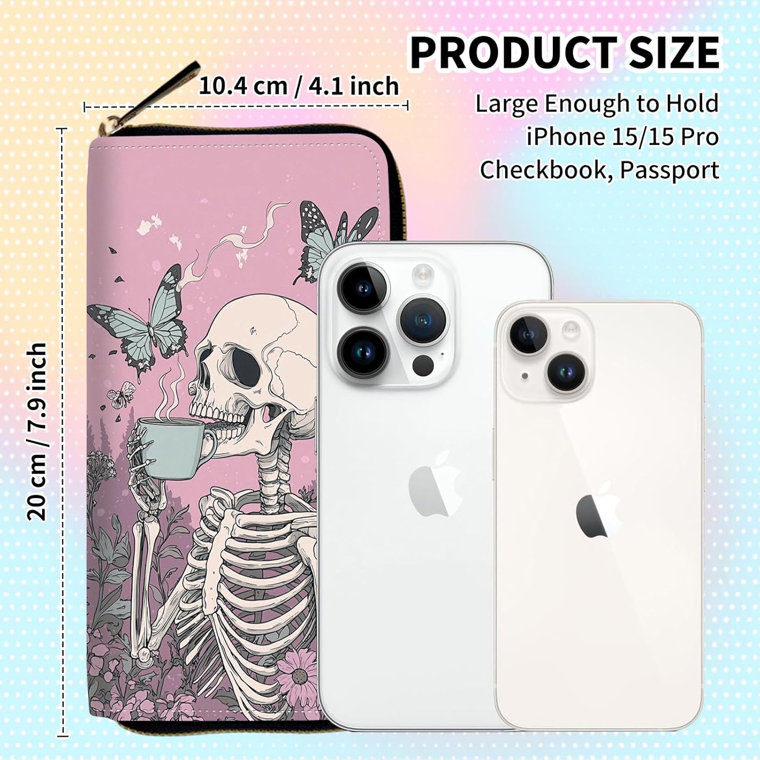 Wristlet Wallets for Women,Large Capacity RFID Blocking Leather Zip Around Travel Wallet Phone Purse Clutch Bag w/8 Cards Holder & Zip Inner Pocket-Goth Aesthetic skull - Image 5