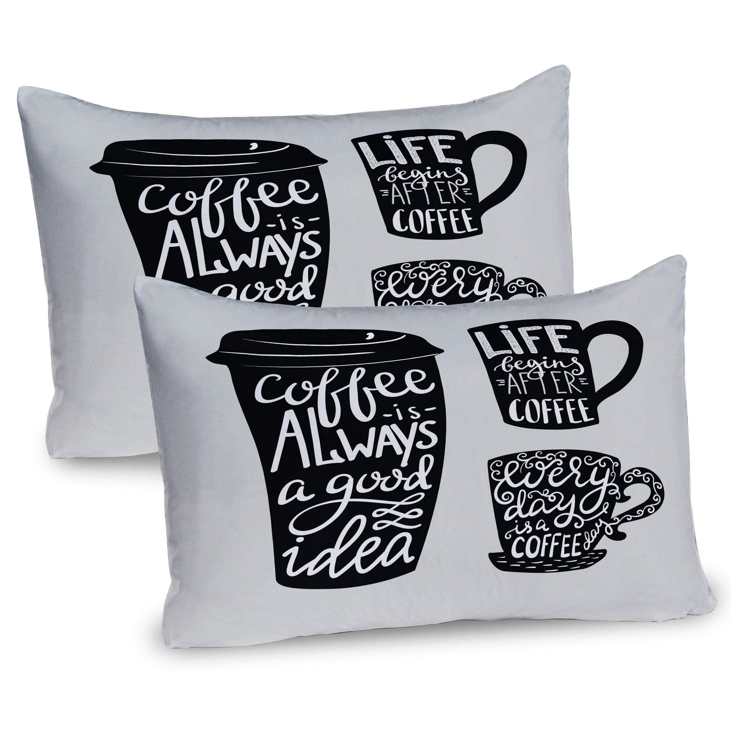 Ambesonne Coffee Pillow Sham Set of 2, Words About Coffee with Take Away Mug Cup Silhouette Drinking Addiction Theme, Quality Microfiber Bedding Item for All Seasons, 30
