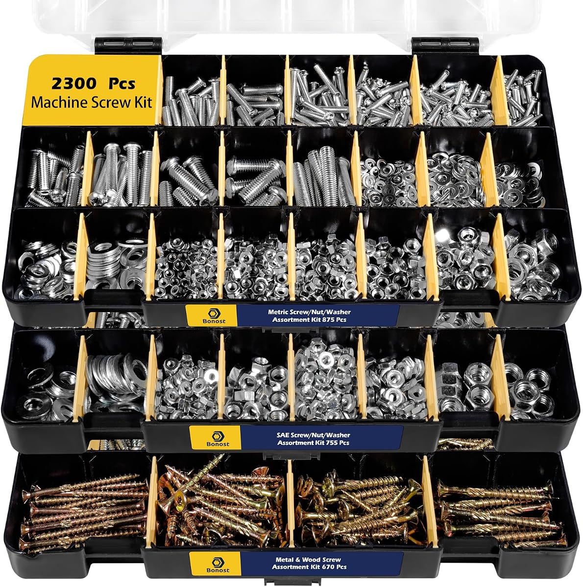 2300-Piece Nuts and Bolts Assortment Kit with Asorted Screws, 3 Tray | Carbon Steel Screw Assortment Kit with Metric & SAE Machine Screws, Assorted Screws Nuts and Bolts for Repairs