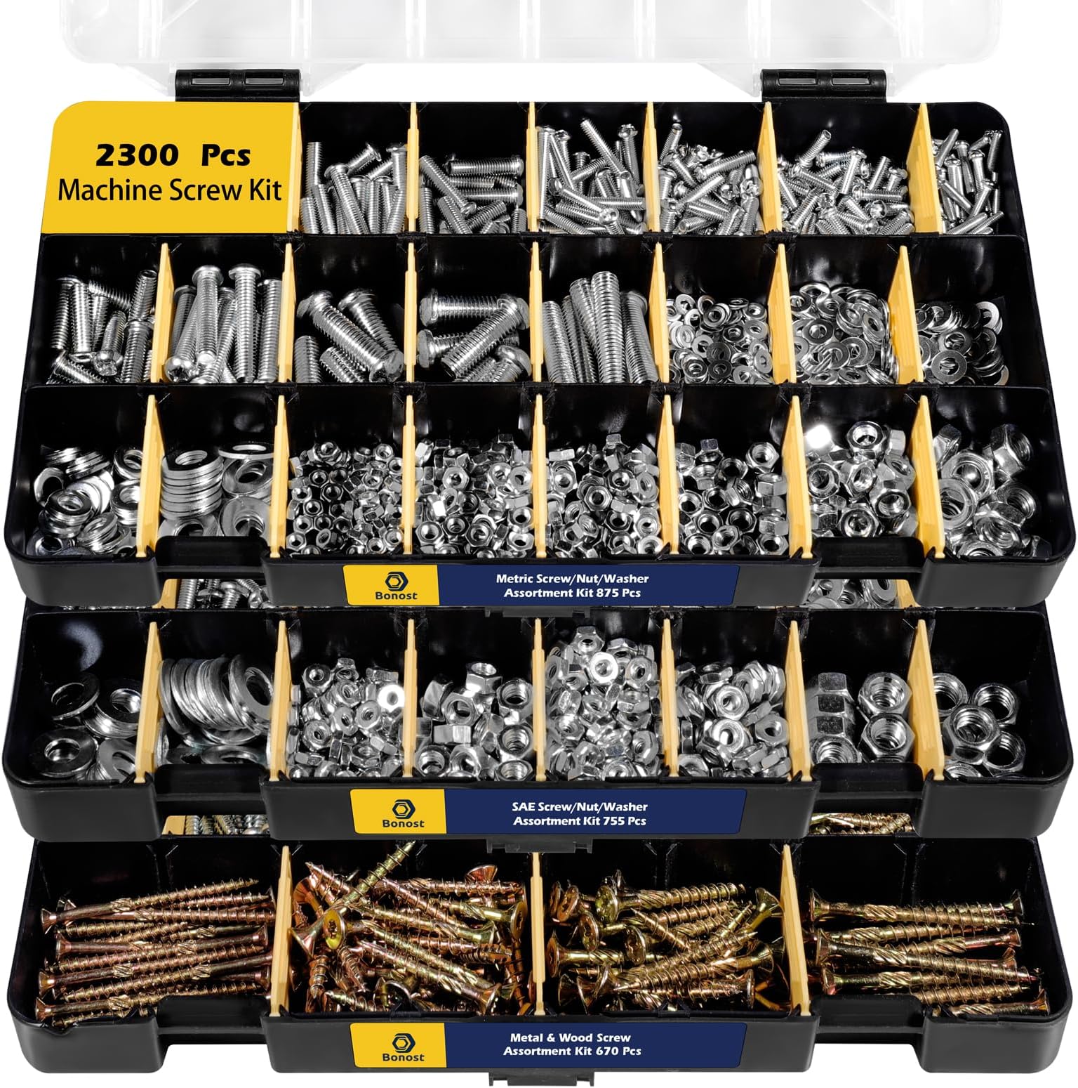 2300 Pieces Hardware Assortment Kit - Metric & SAE Machine Screw Assortment Kit with Assorted Nuts, Bolts, and Washers (3 Trays)