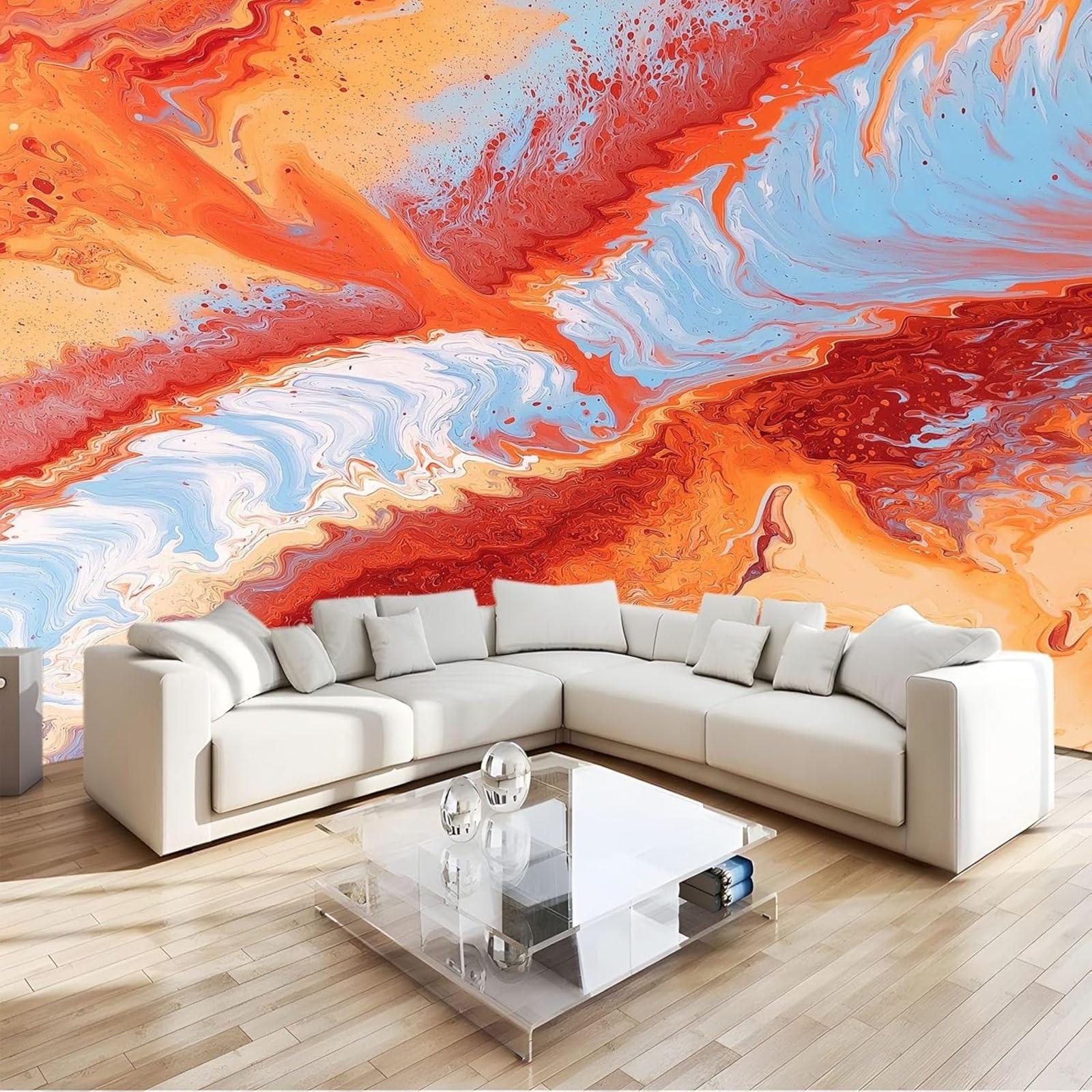 Watercolor Marble Pattern Photo Wallpaper, Orange Color, 3D Wall Mural for Bedroom, Living Room, Sofa or TV Background - Non-woven Wallpaper Wall Decoration, 250cm x 175cm Stickers - Frameless Paintin