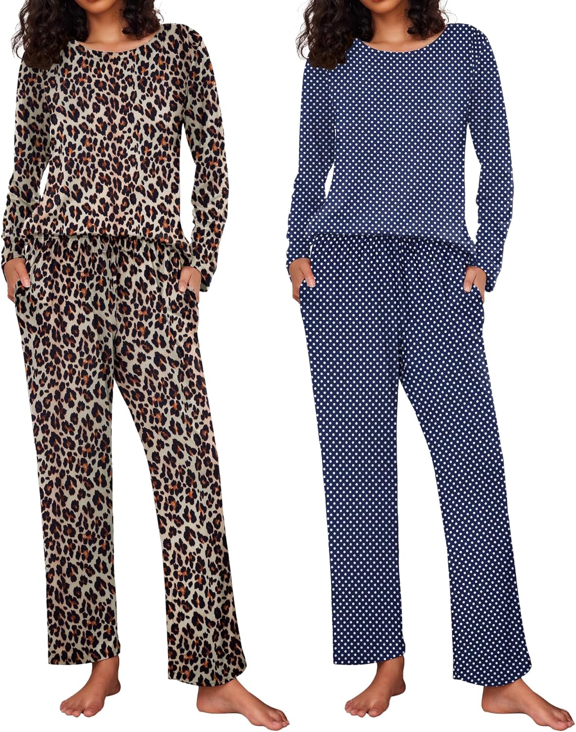 Ekouaer 2 Pack Women's Pajama Set Soft Long Sleeve Sleepwear Loungewear Pjs Sets with Pockets S-XXL