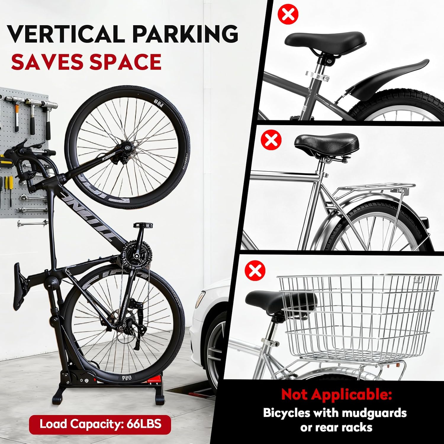 3-In-1 Foldable Bike Floor Stand, Portable Bike Storage for Garage, Up to 2.4" Tire Wide, MTB & Road Bicycle Floor Stand, Front Rear Wheel & Vertical Parking Rack Fit for 24"-29" Bikes