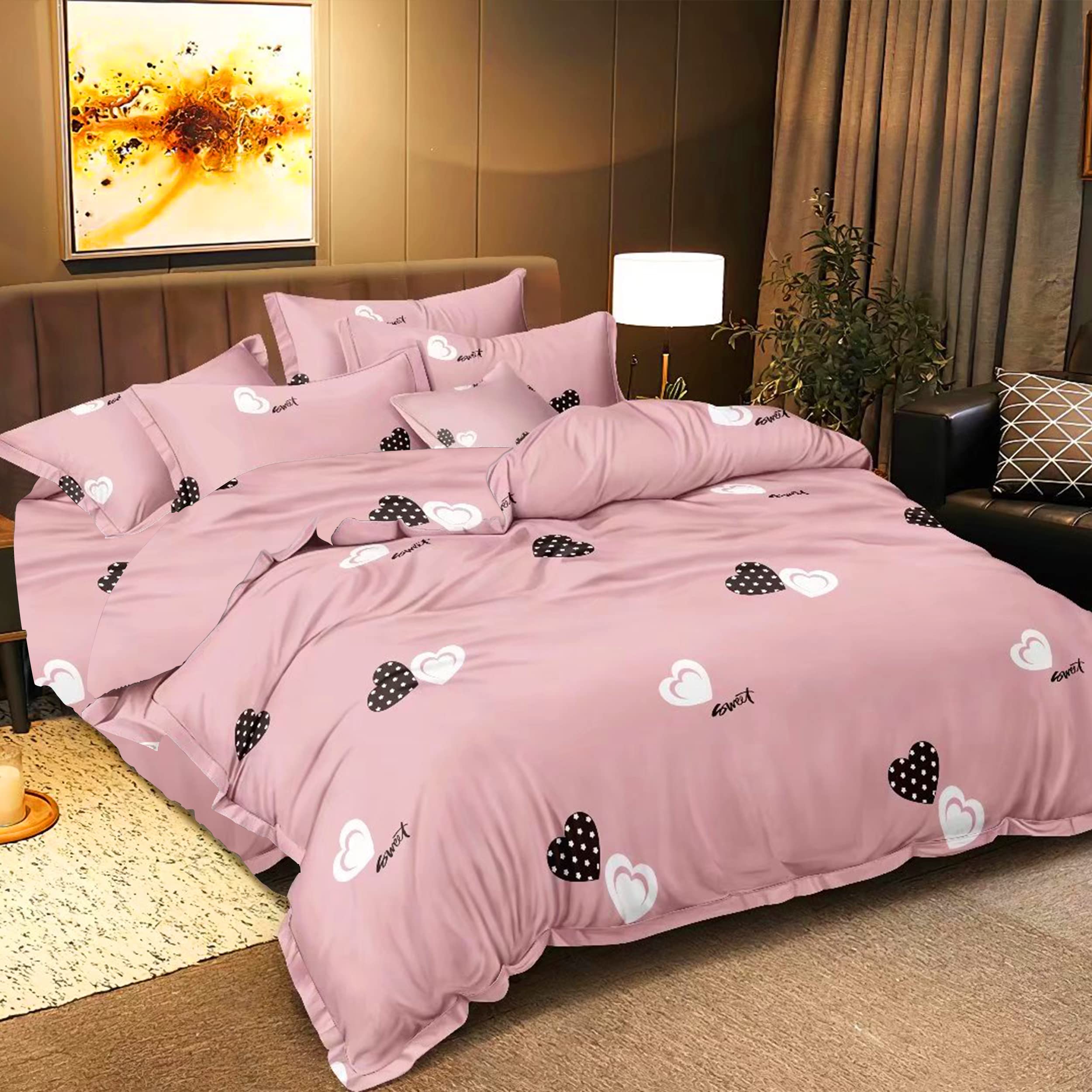 H HANSEL HOME Funda Nordica Cama 135 de 4 Piezas Transpirable Suave al Tacto 100% Microfibra de Poliéster, Funda Edredón 220x220m, Bajera 135x200cm con 2 Fundas de Almohada 50x75cm-Rosa Sweet Corazon