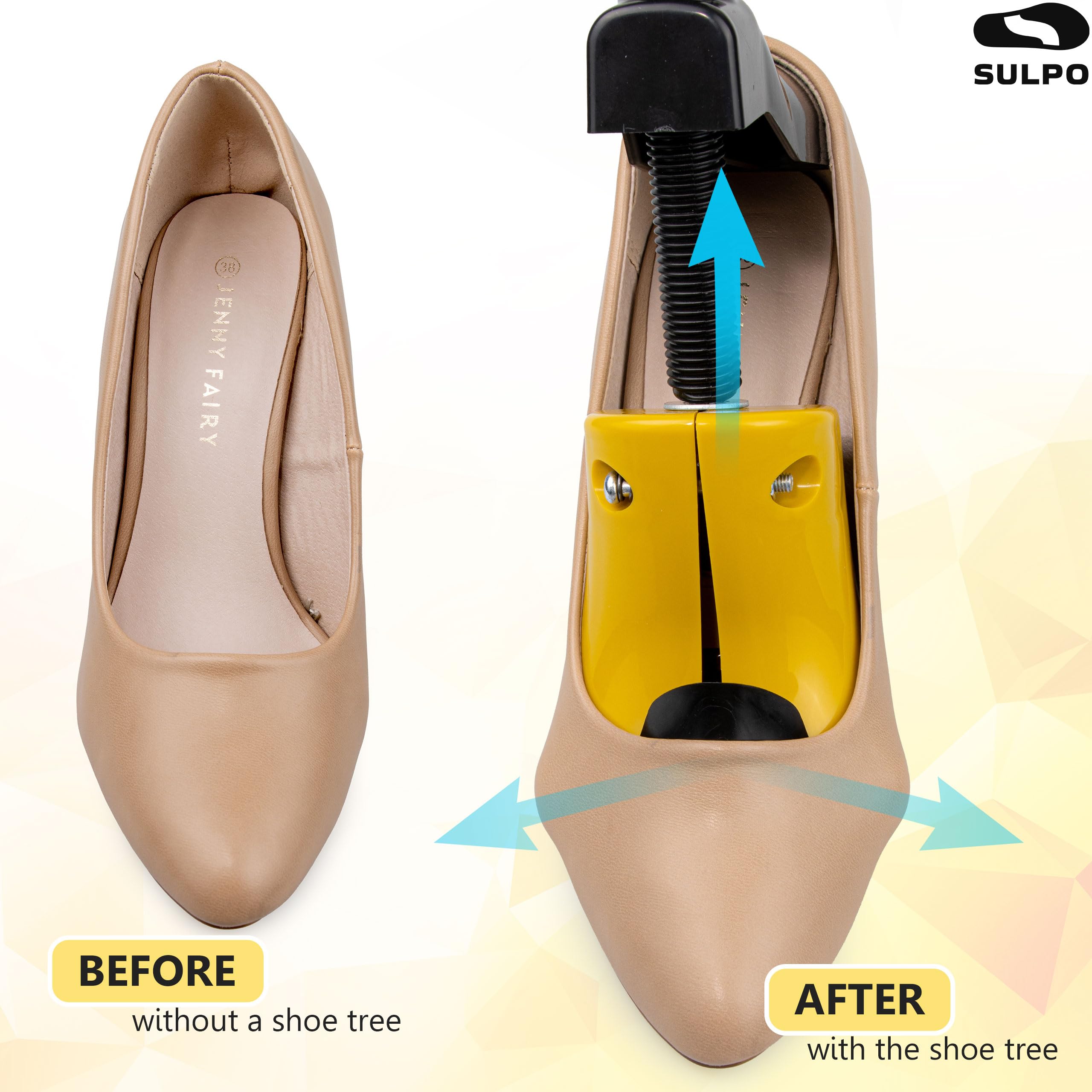 SULPO Schuhdehner Damen für High Heels und Pumps – verstellbarer Schuhweiter für Länge und Breite, mit Druckstellen-Aufsätzen und Schuhlöffel, Kunststoff, Größe 35-42