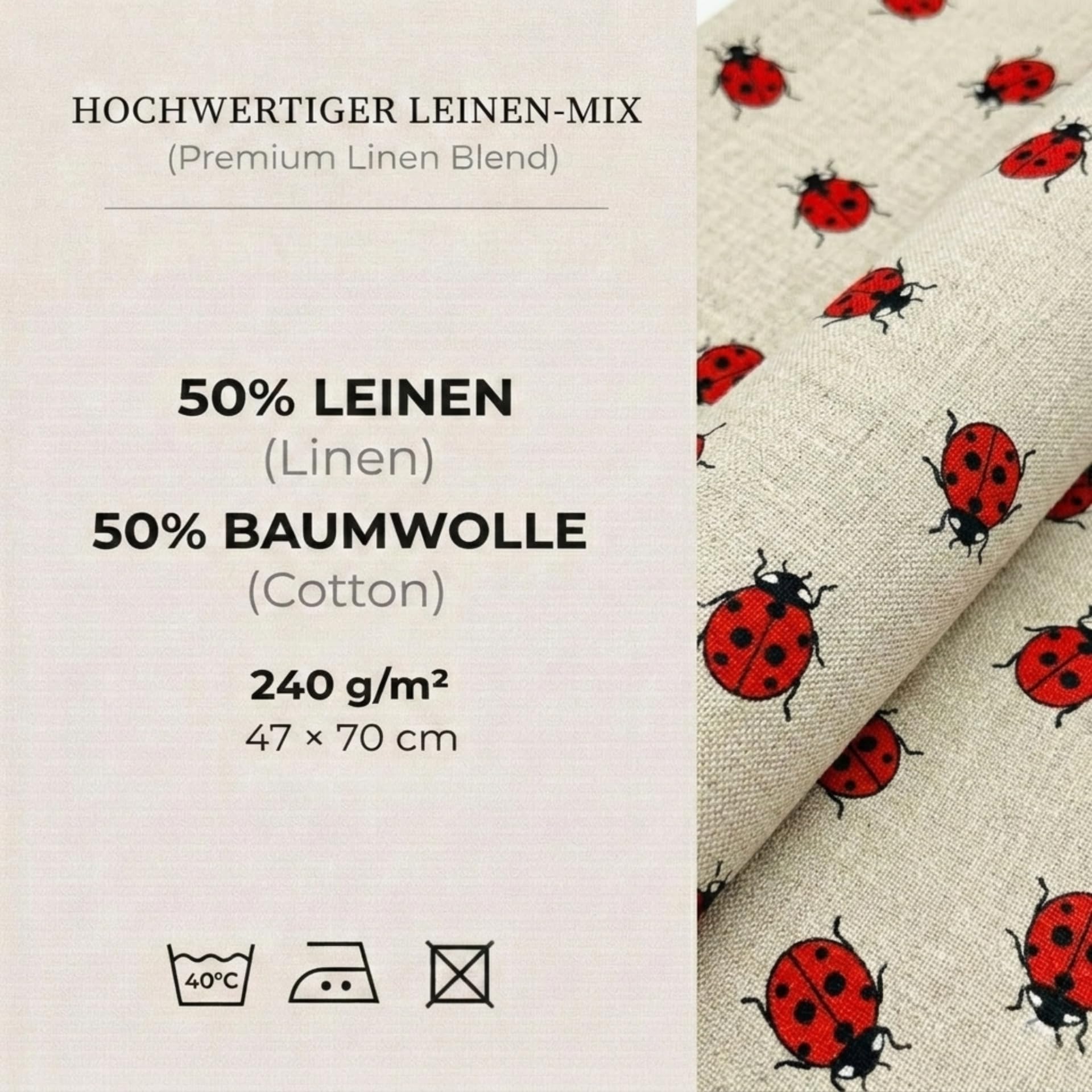 Confezione da 2 pezzi: Strofinacci da cucina di lusso in lino/cotone, asciugamani da cucina, 47 x 70 cm, misto lino, stonewashed jacquard o stampati (coccinelle)