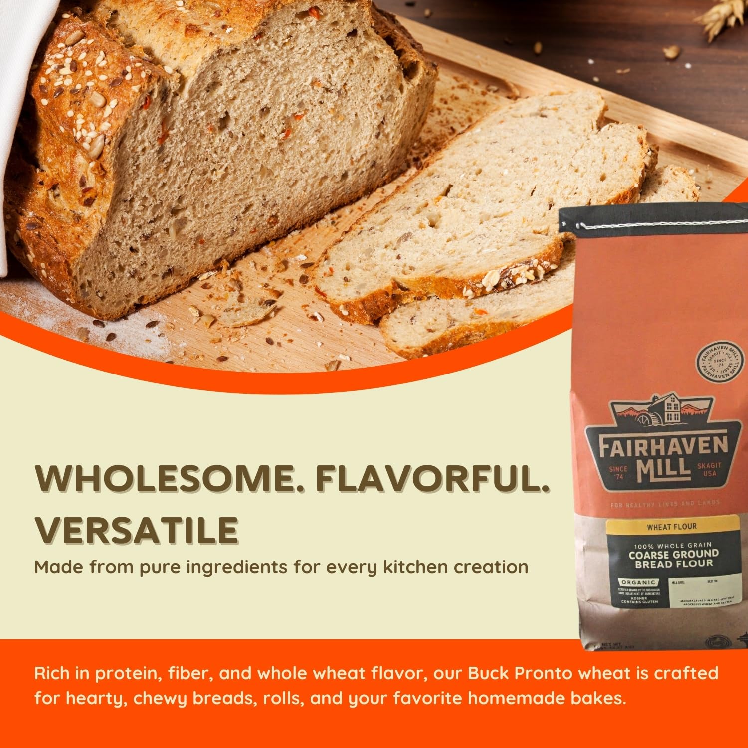 Fairhaven Mill Coarse Ground Whole Wheat Bread Flour - USDA Organic Certified and 100% Whole Grain - Rustic Texture for Artisan Loaves, Rolls, Pizza Crusts & Sourdough - USA Grown & Milled - 5 lbs Bag