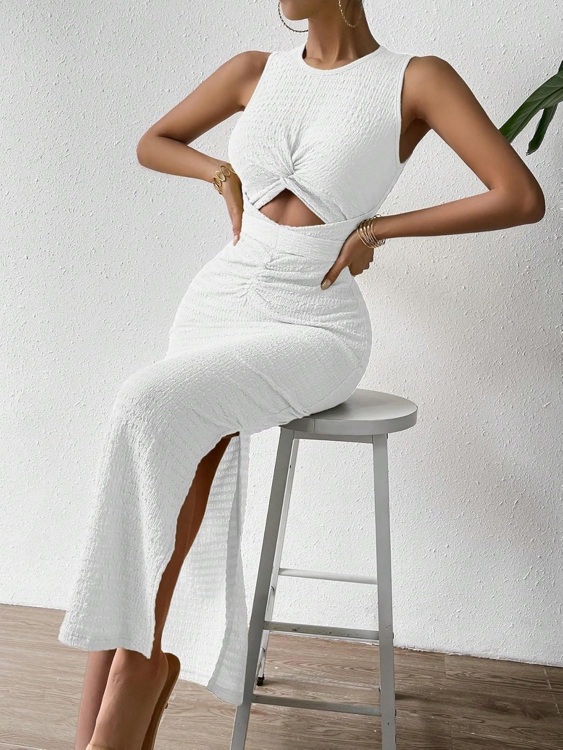 Neeno Women's Dresses Twist Front Cut Out Split Thigh Dress Dress for Women(White,X-Large)