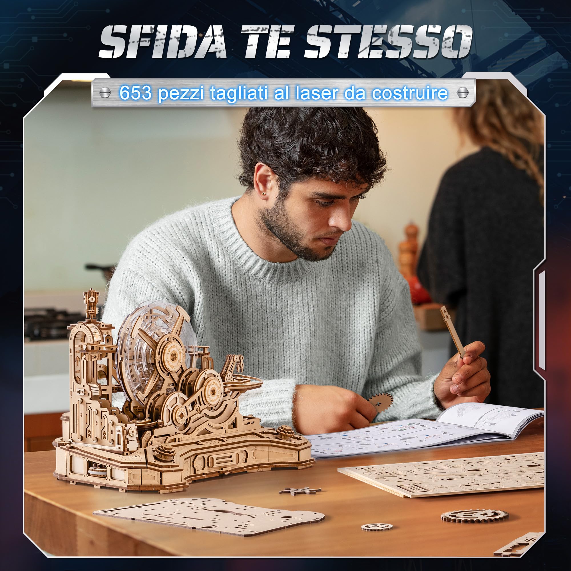 ROBOTIME Gear Ball Challenge EGC01 Puzzle 3D in Legno, labirinto meccanico a sfera da 653 pezzi con design controller, kit DIY per adulti e ragazzi 14+
