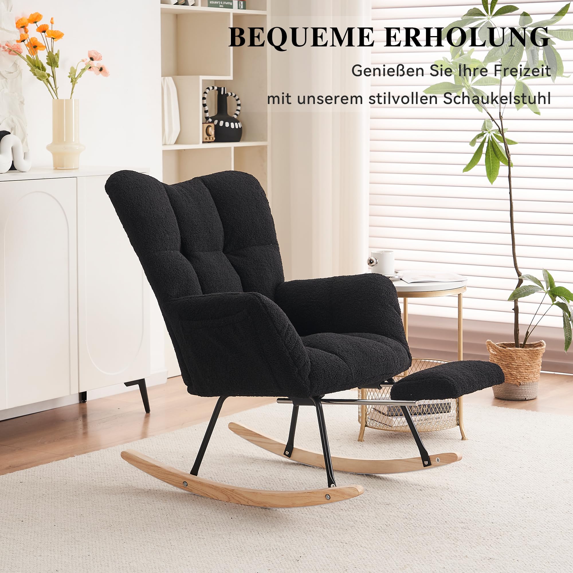 Mecedora, cómoda silla de lactancia, mecedora con reposapiés para sala de estar, dormitorio, cómoda silla de lectura para habitación infantil, adecuada para salón, dormitorio (negro)