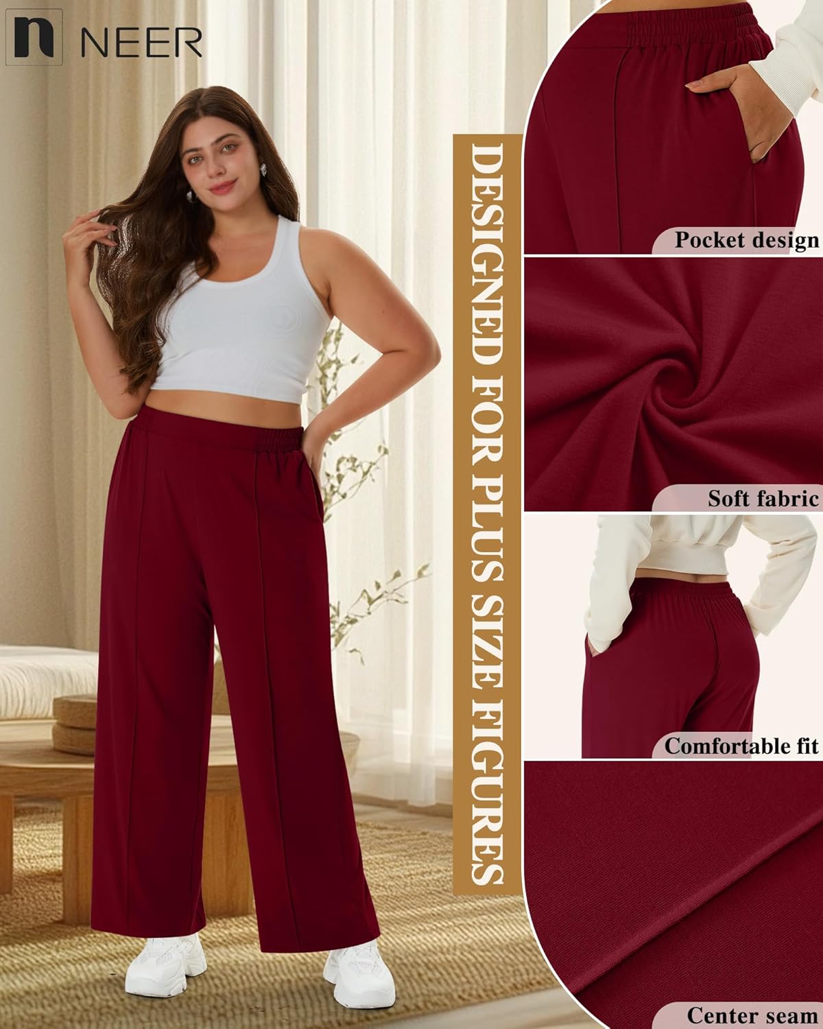 Neer 4 Pack Women's Plus Size Lounge Pants, High Waisted Wide Leg Front Seam Sweatpants Yoga Casual Baggy Pants with Pockets - Image 4