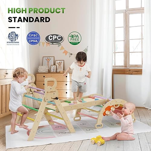Miniatura 7 de BlueWood Pikler - Juego de triángulos 7 en 1 plegables, juguetes de escalada Montessori de madera con arco y rampa y escalera, escalador para bebés,