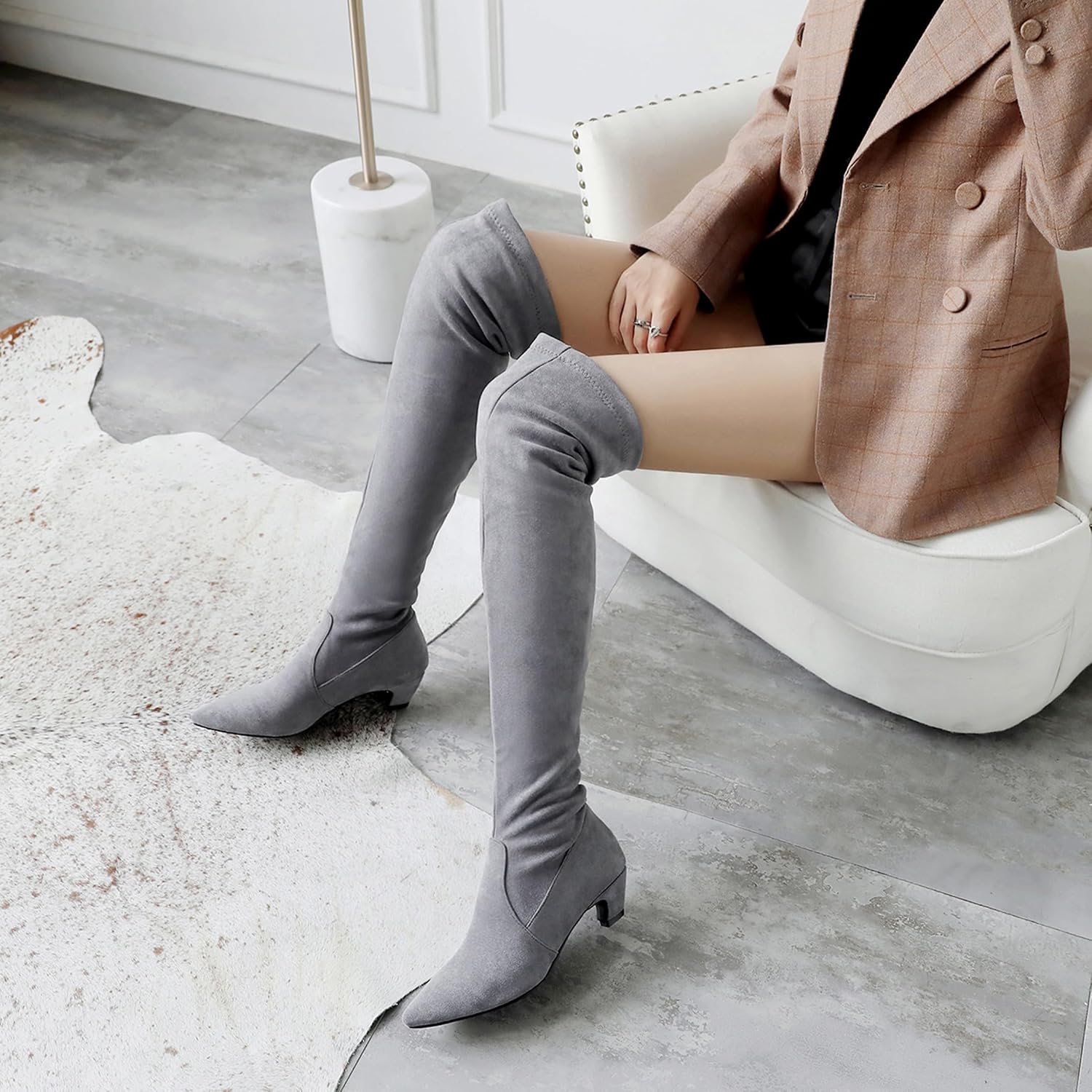 Women Kitten Heels Over Knee Stretch Boots Suede