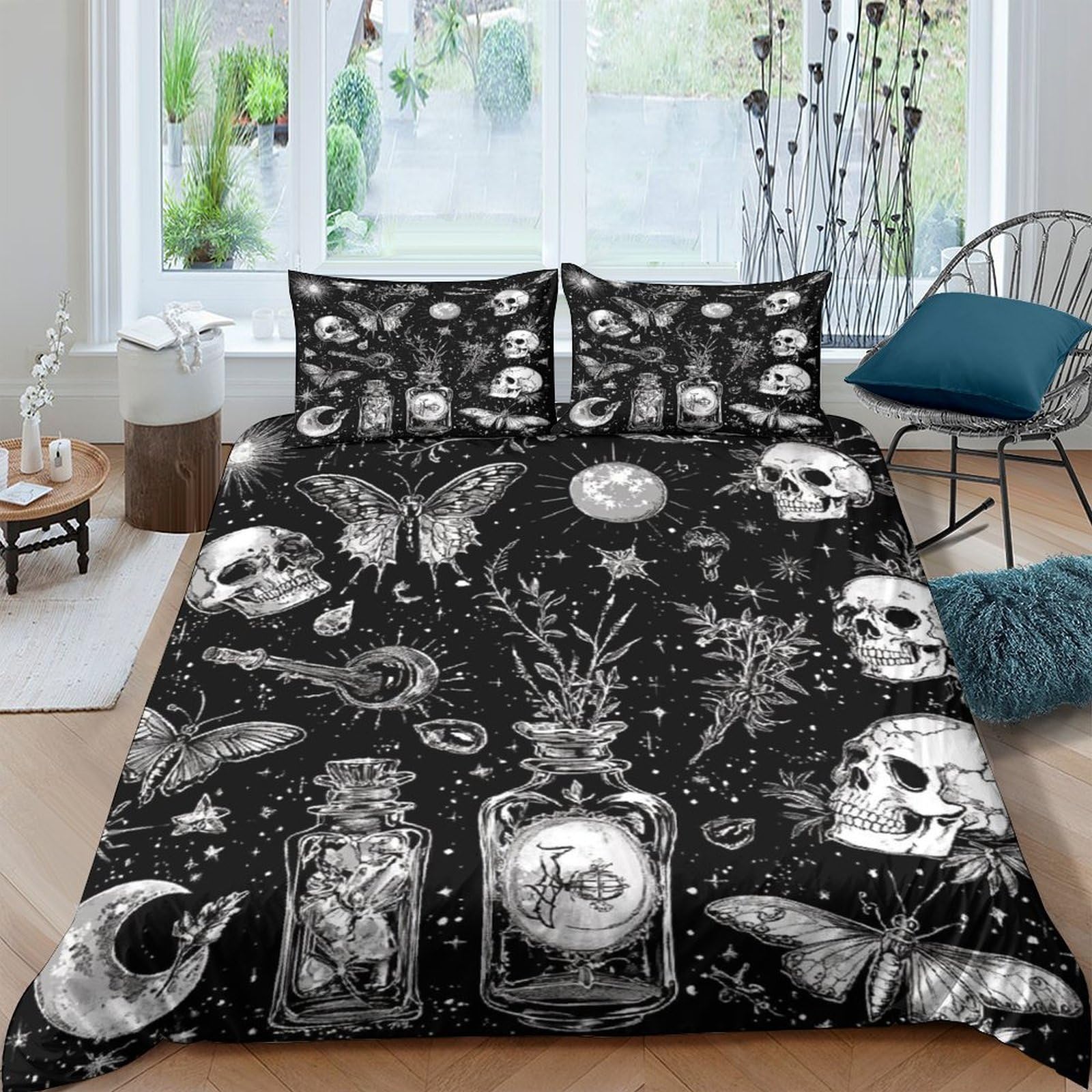 GPLZQXKJNH 3D Printed Gothic Skull Duvet Cover Set Microfiber Black Halloween Witchcraft Bedding Set with 2 Pillowcases for Bedroom Decor Single（135x200cm）
