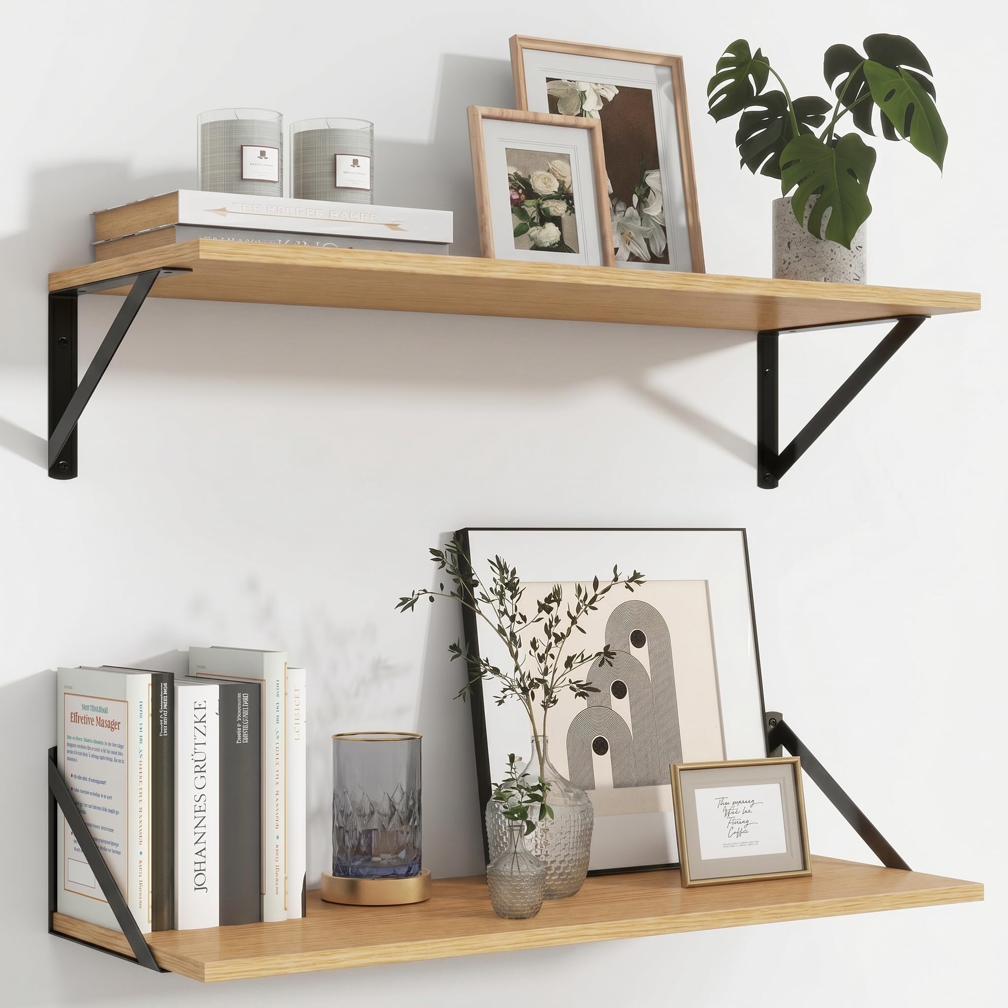 Feihorrm Shelves for Wall Set of 2, 60 x 20 cm Deep Wall Shelves, Oak Wooden Shelves with Metal Brackets, Wall Shelf for Living Room, Bedroom, Kitchen, Bathroom and Office