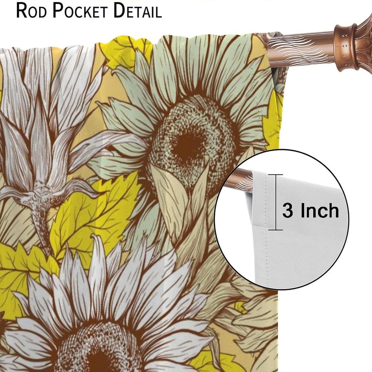 Sunflower Curtain,Boho Country Garden Vintage Yellow Flower Pattern Blackout Rod Pocket Window Curtain,for Kids Teens Adults Living Room Bedroom Kitchen Cafe Farmhouse 42" W X 45" L