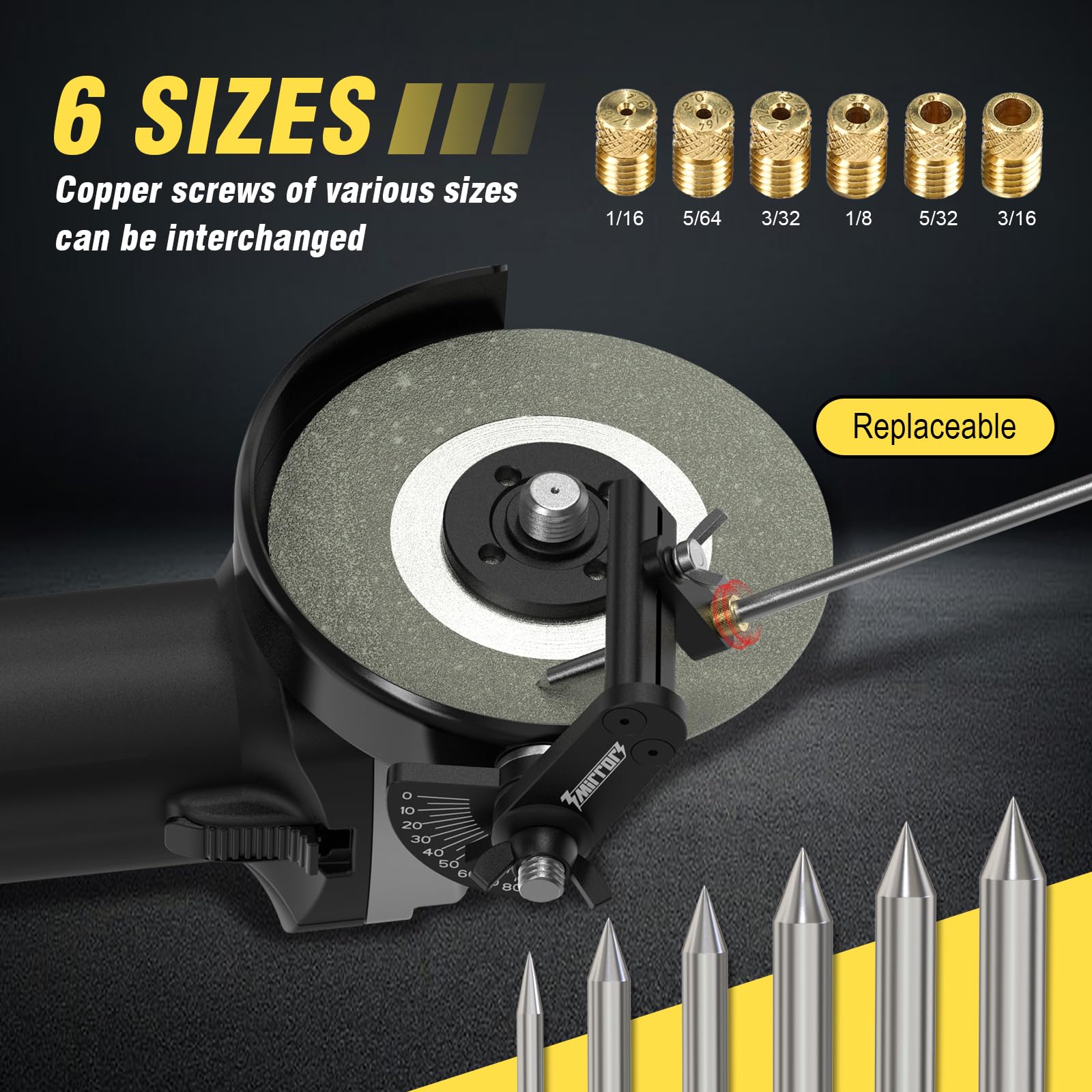 3mirrors Afilador de electrodos de tungsteno para rueda de molienda de diamante de 4.5 pulgadas, herramienta de molienda de soldadura TIG de ángulo ajustable de 0°-90° con 6 agujeros guía y 2 ruedas